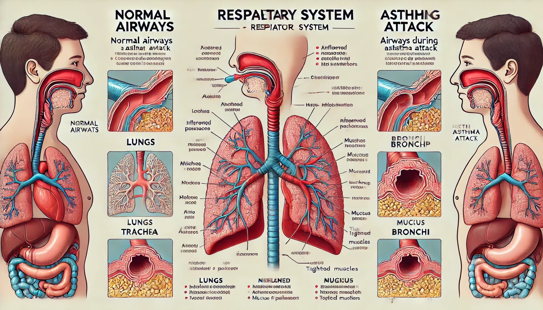 Diagram of the respiratory system showing normal airways and airways during an asthma attack