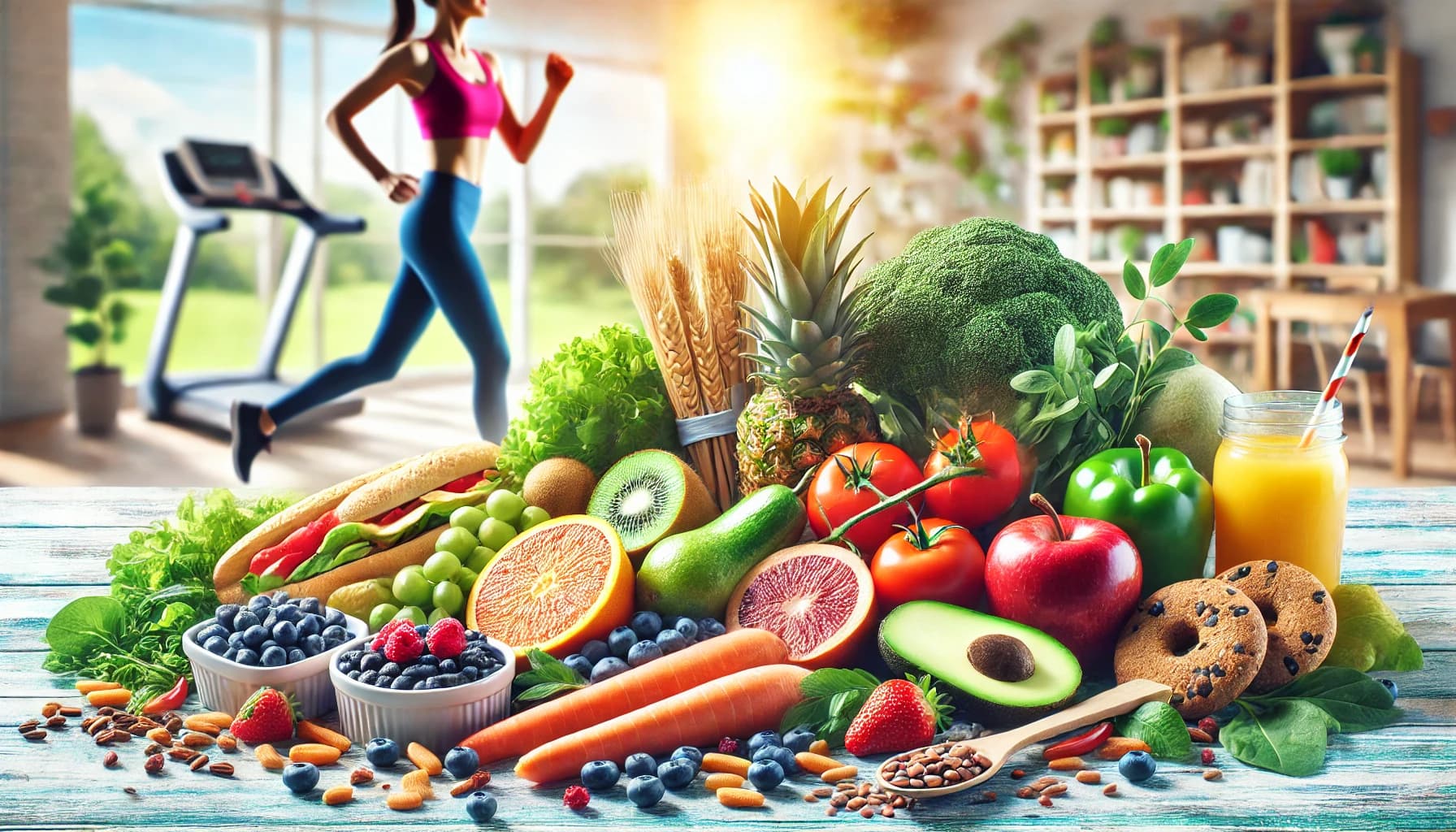 Healthy foods and a person exercising