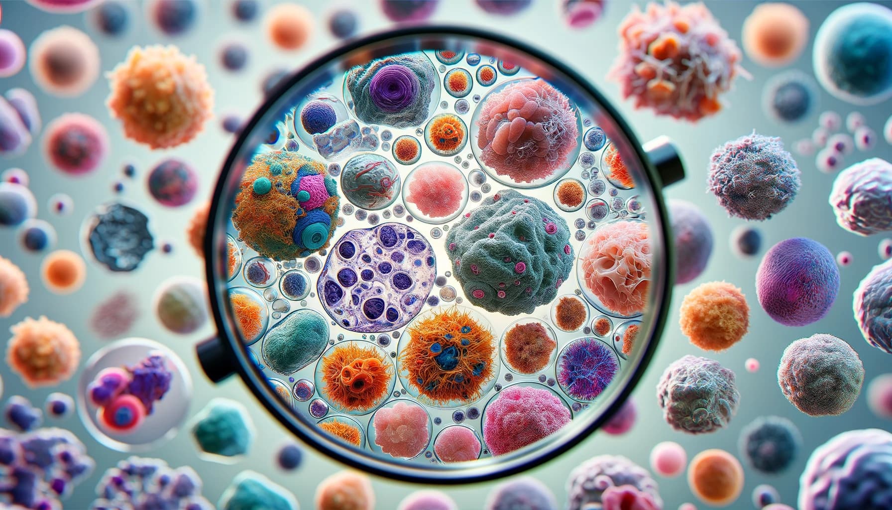 Various types of cancer cells under a microscope