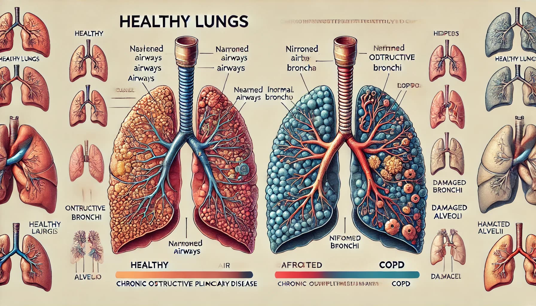 Diagram of healthy lungs vs. lungs affected by COPD