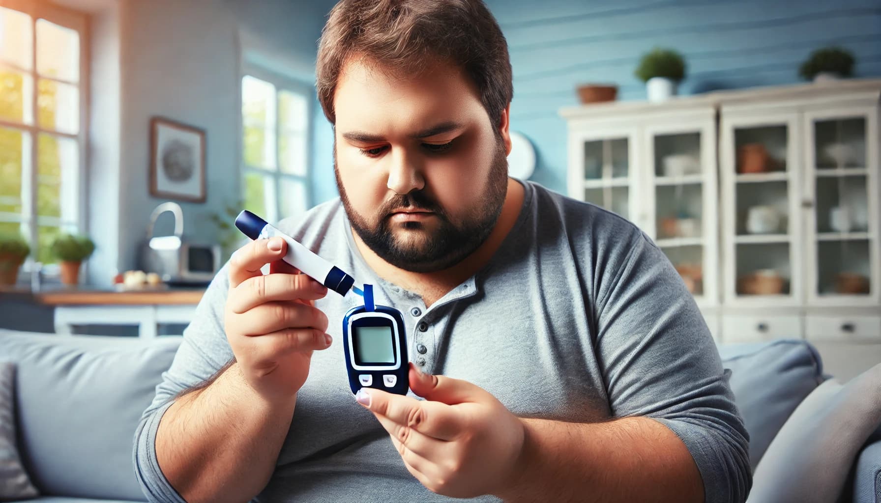 Overweight individual checking blood sugar levels