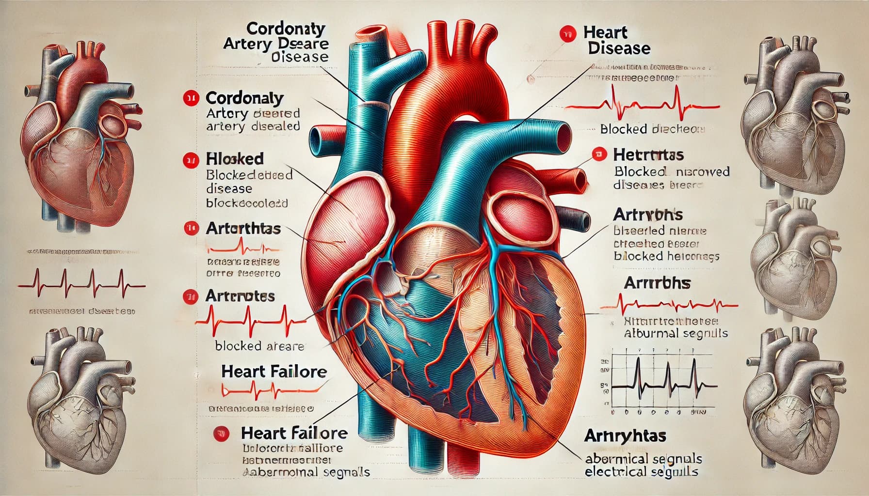 Diagram of the heart highlighting different types of heart disease