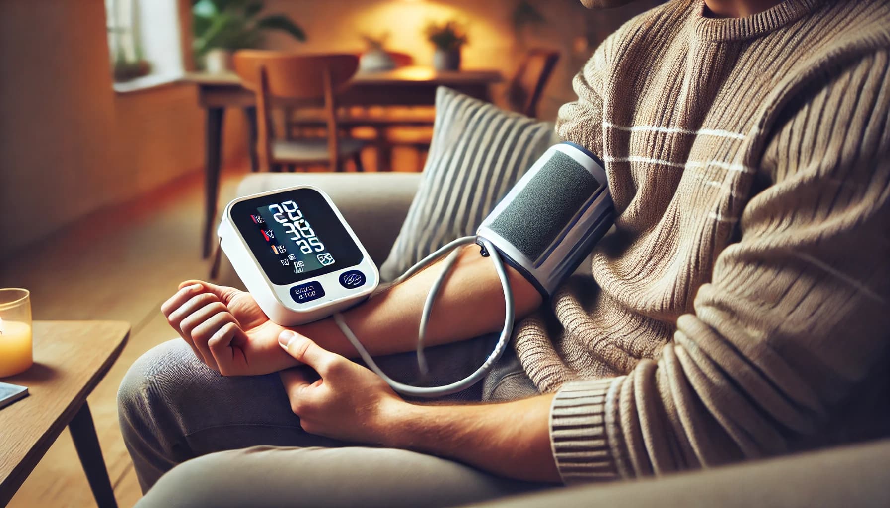 Person using a home blood pressure monitor