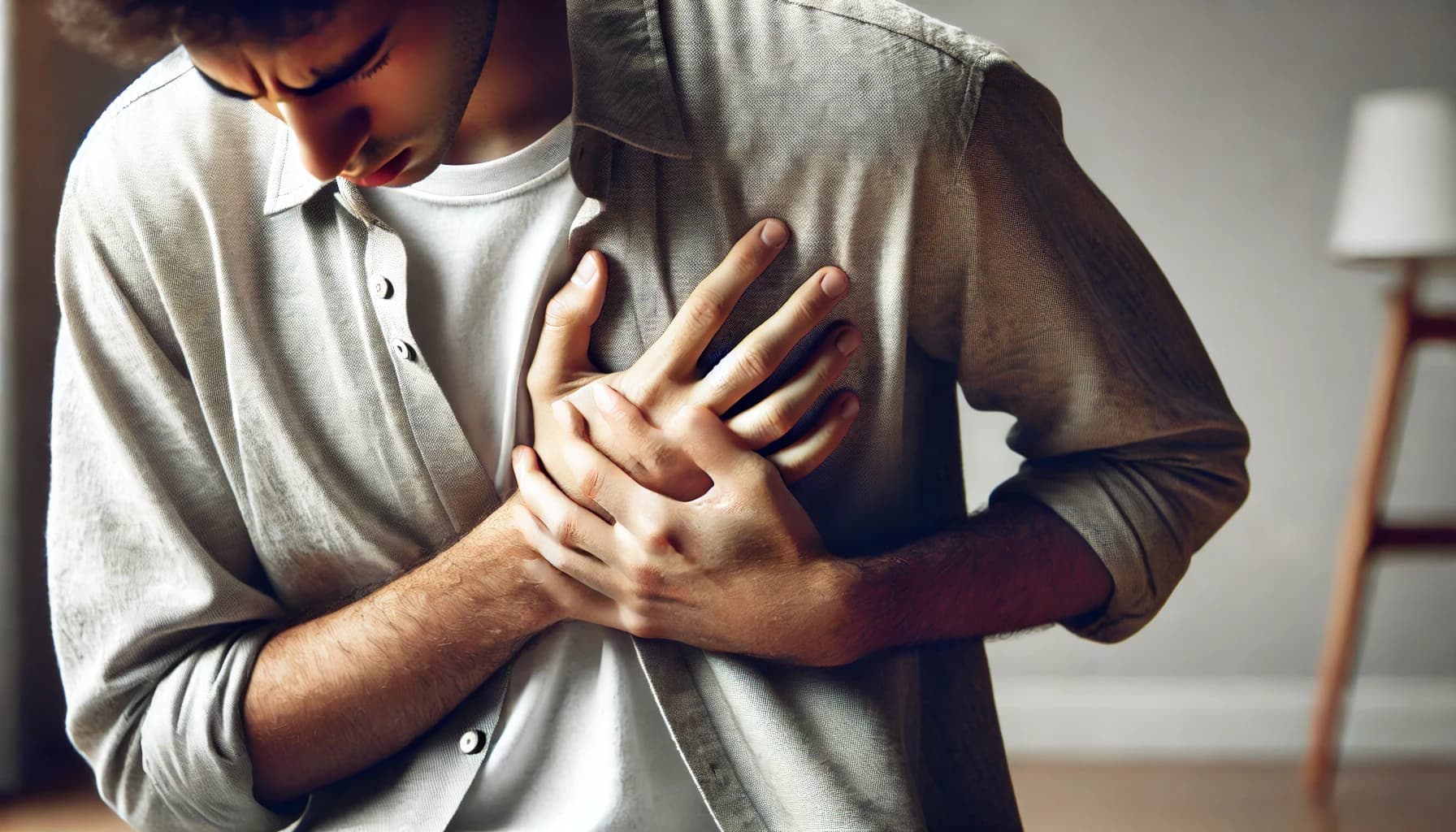 Person holding their chest due to hypertension complications