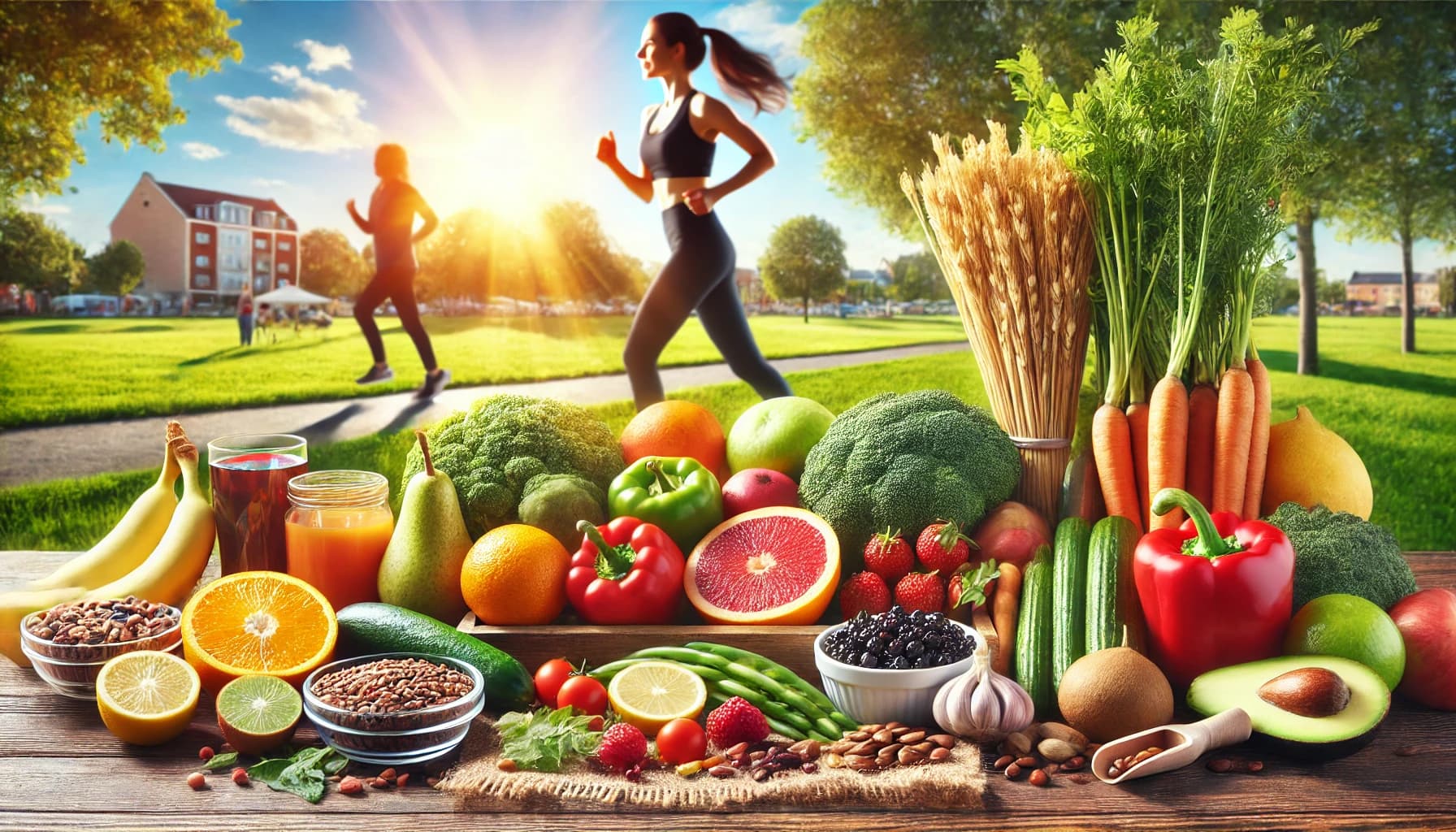 Healthy foods and a person exercising