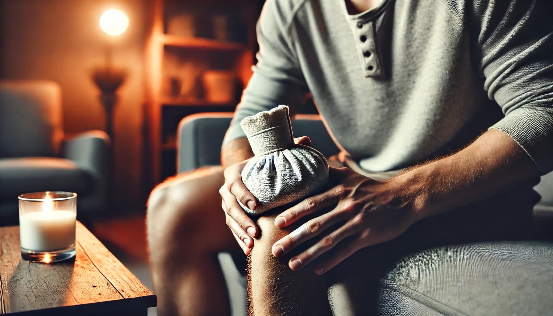Person applying a hot compress to their knee