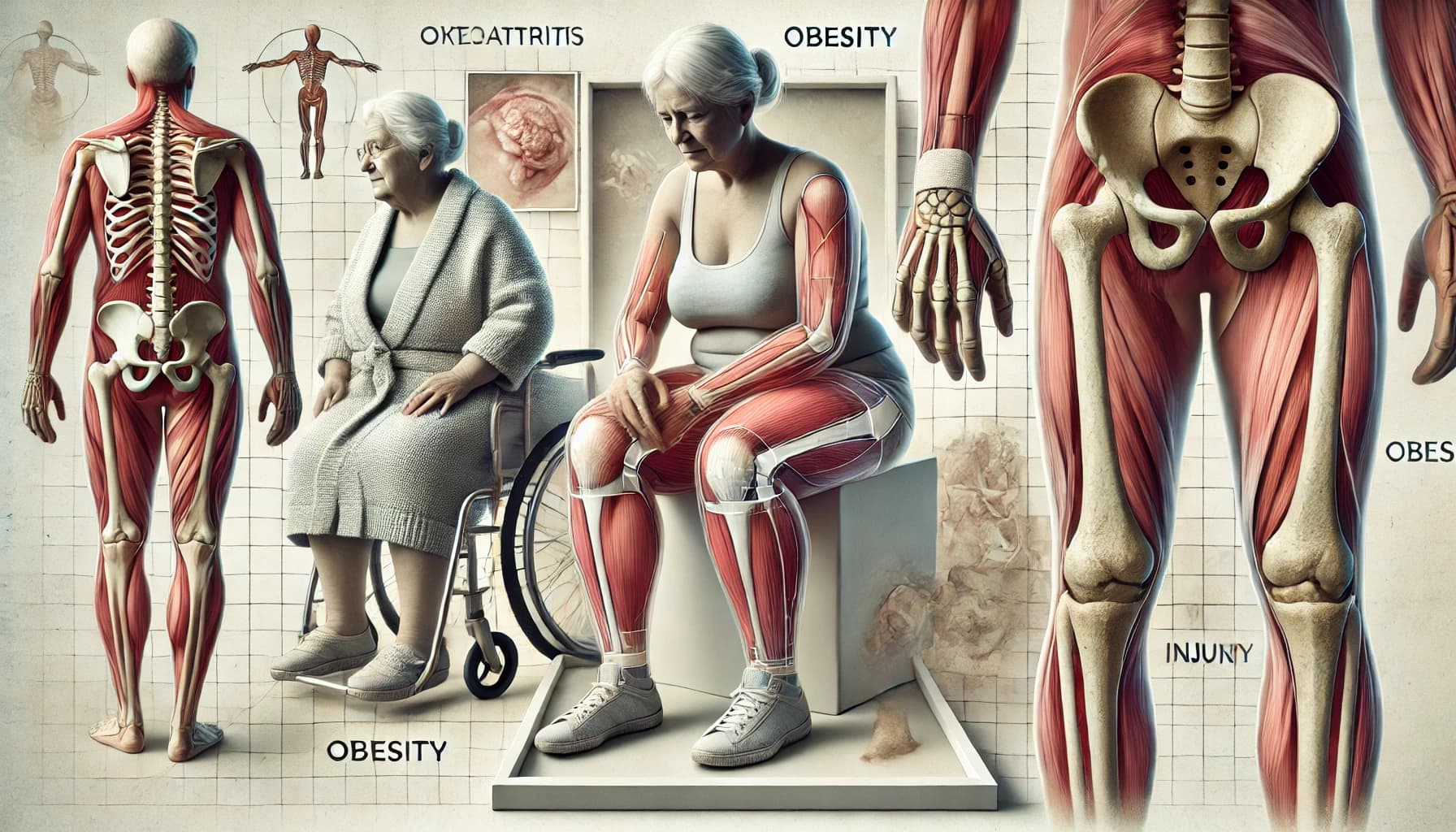Depicting various risk factors like aging, obesity, and joint injury