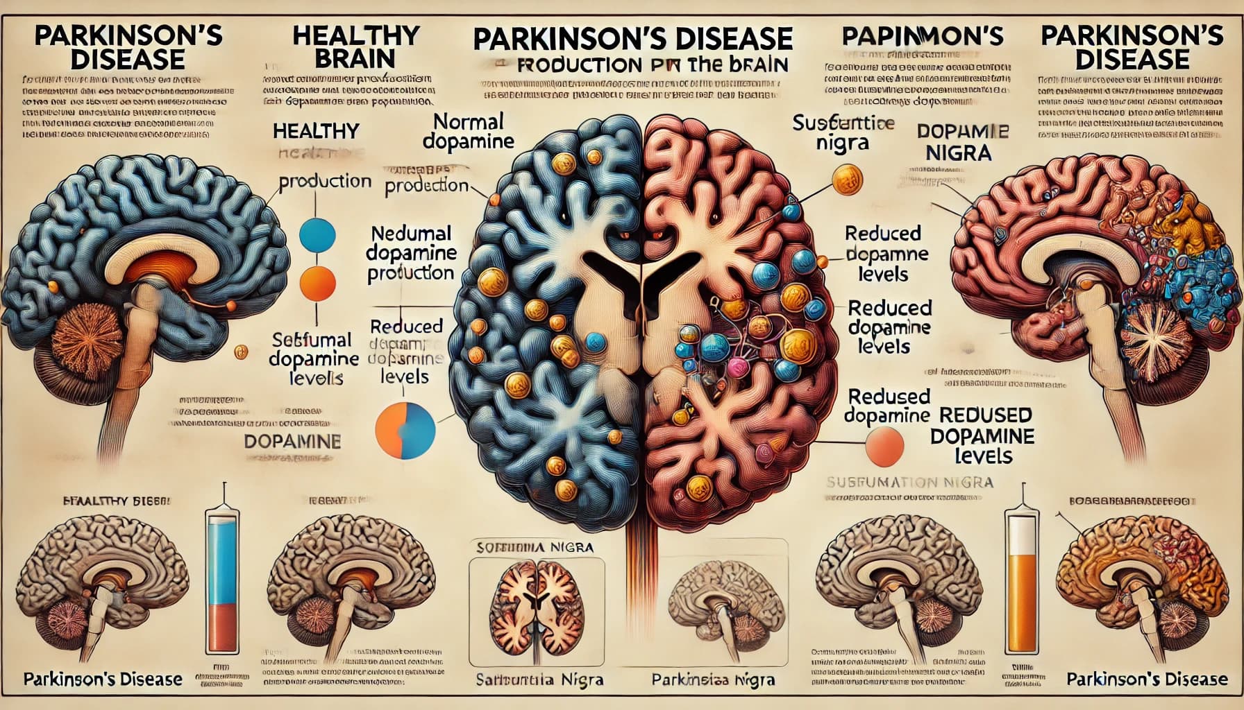 Diagram showing how Parkinson’s disease affects dopamine production in the brain