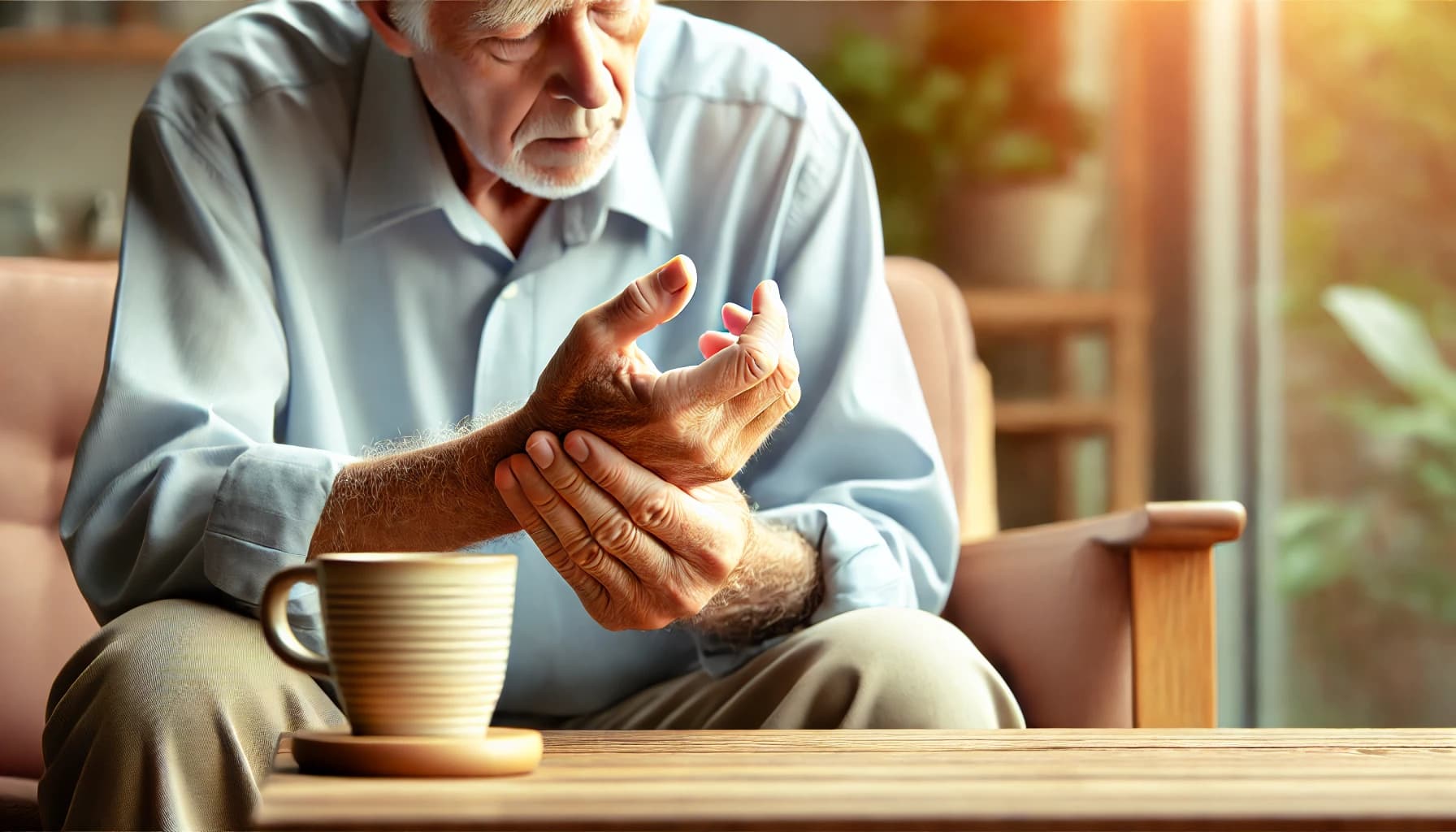 Elderly person experiencing a hand tremor
