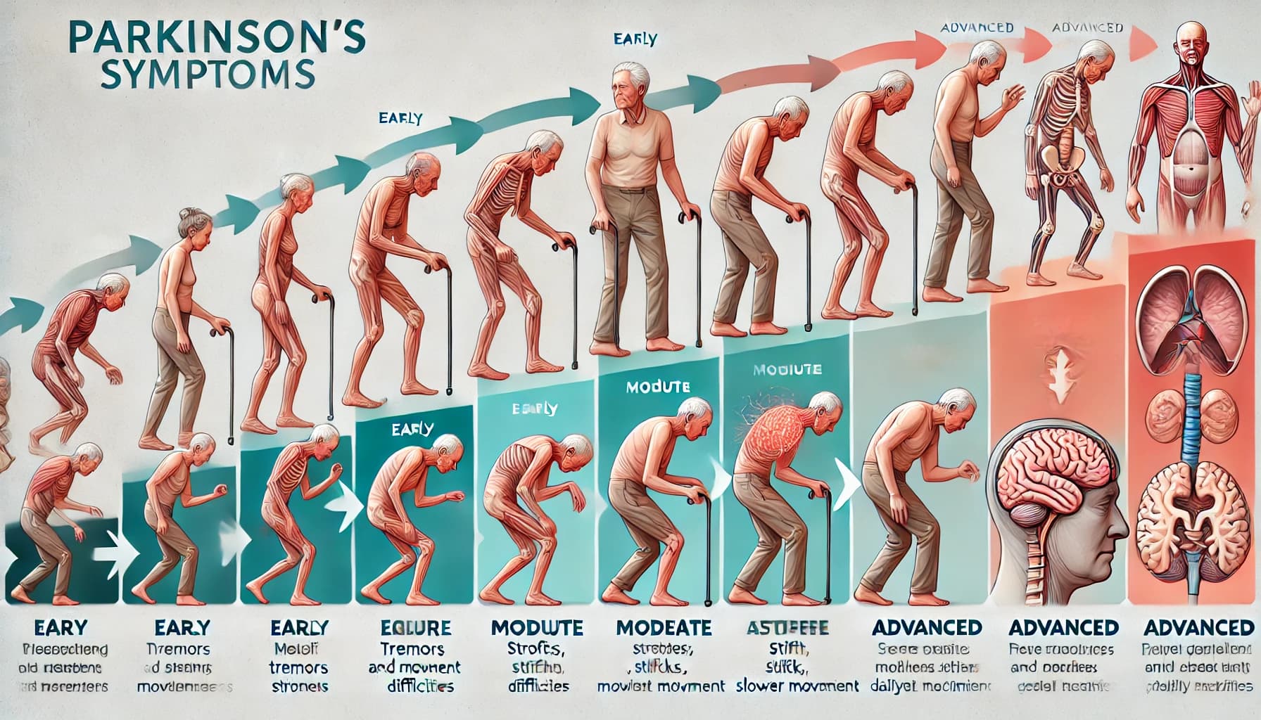 Diagram showing the progression of Parkinson’s symptoms through the stages