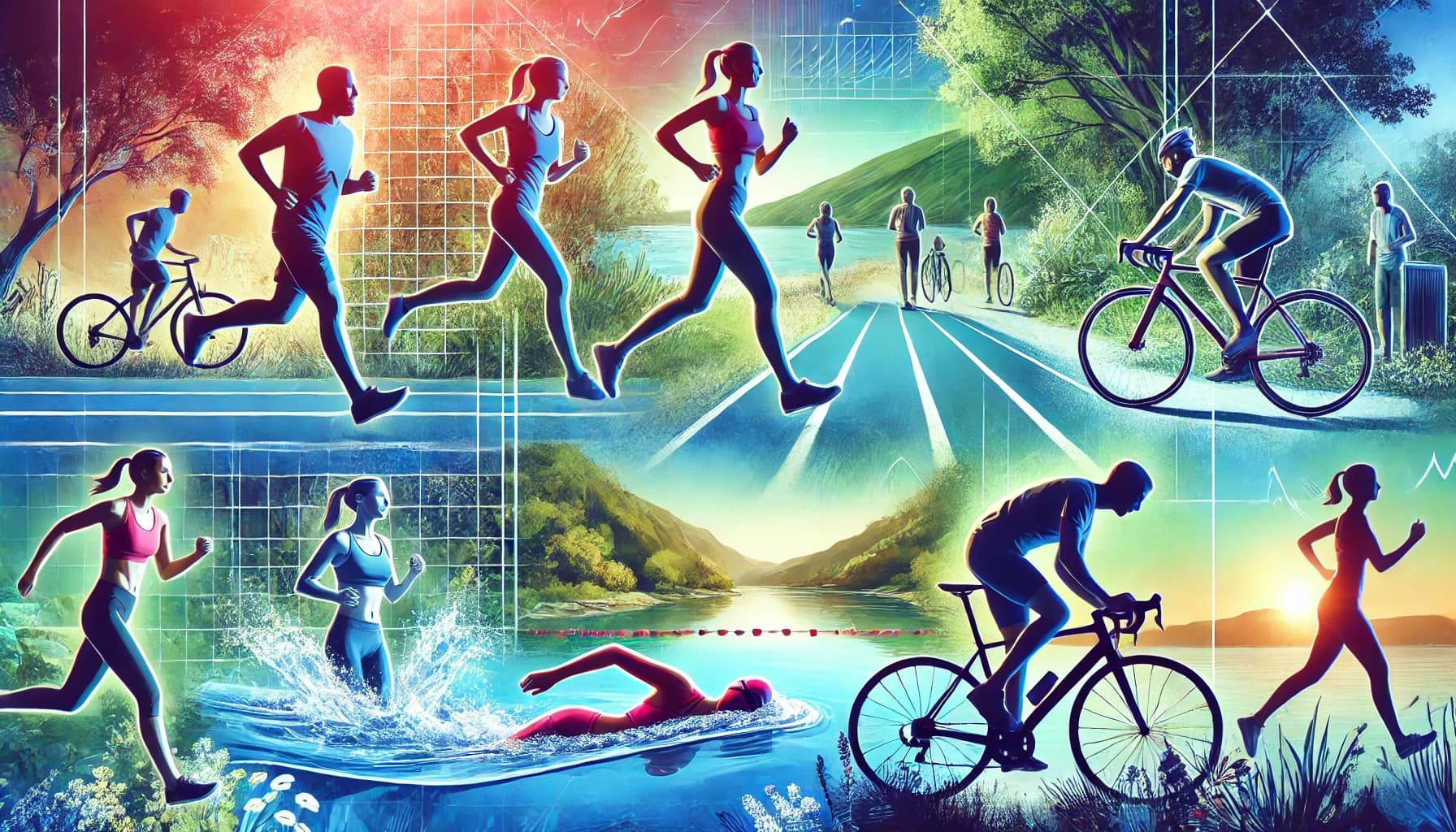 People running, swimming, or cycling