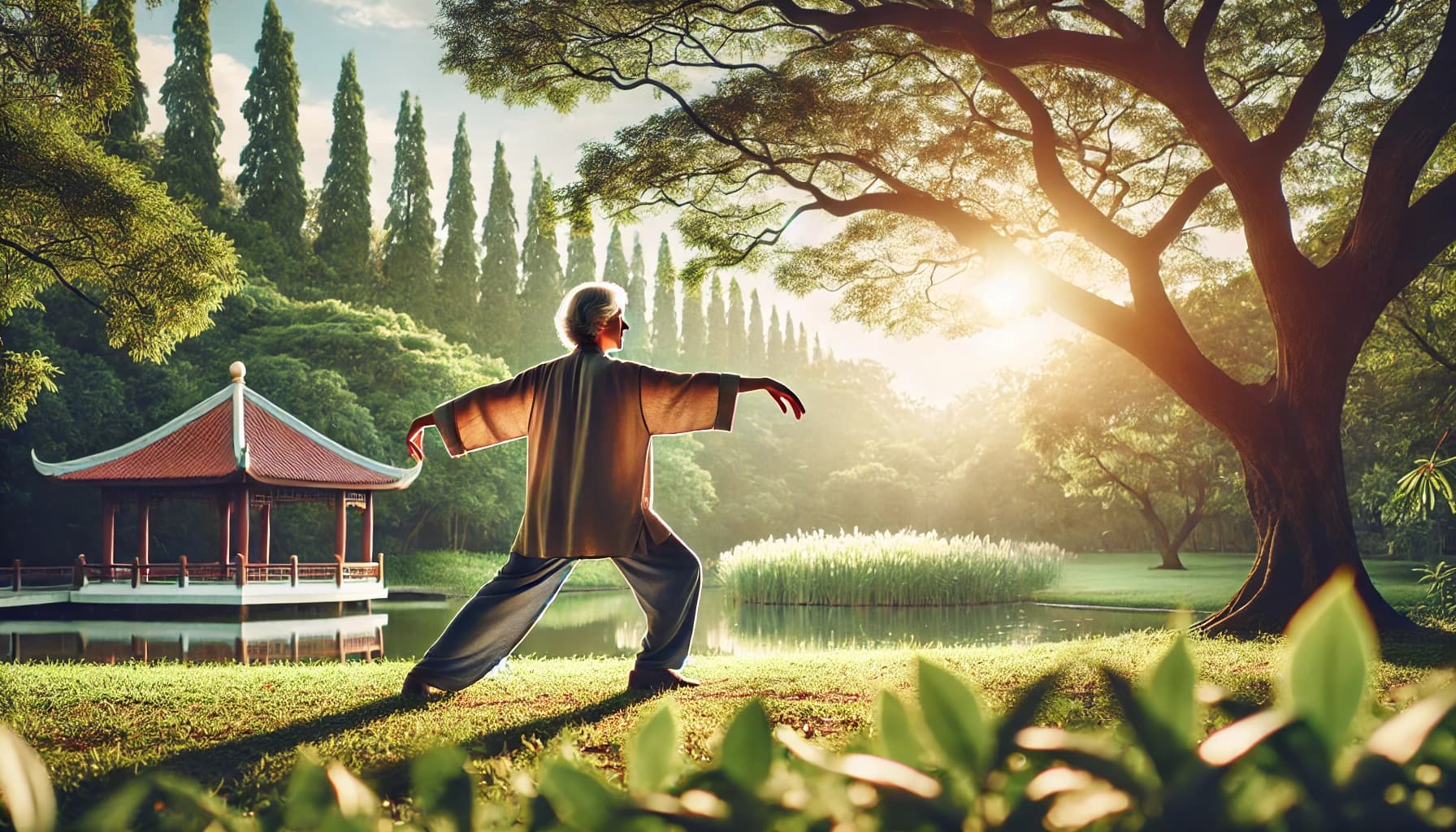 Older adult practicing balance exercises or doing tai chi