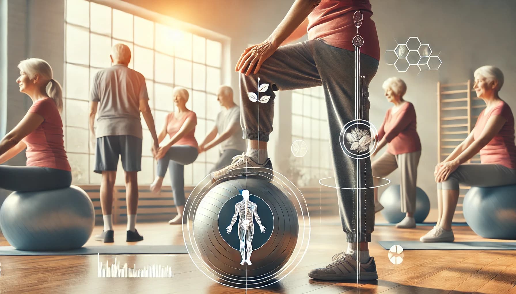 Older adult doing a balance exercise or participating in a senior fitness class