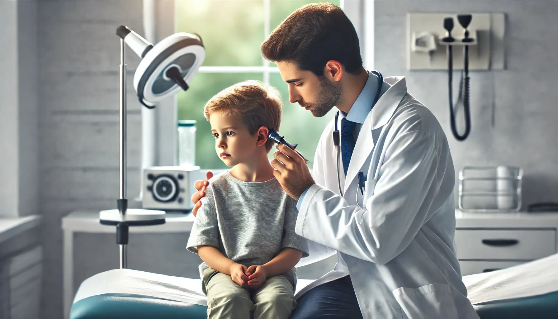 Child being treated for an ear infection by a doctor
