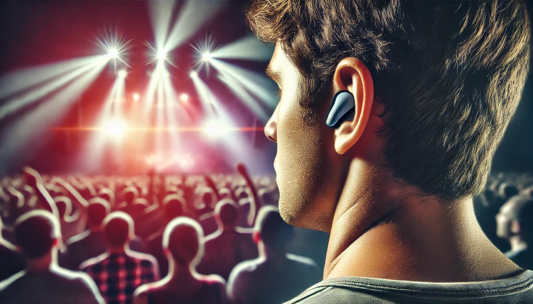 Person wearing earplugs at a concert or using noise-canceling headphones