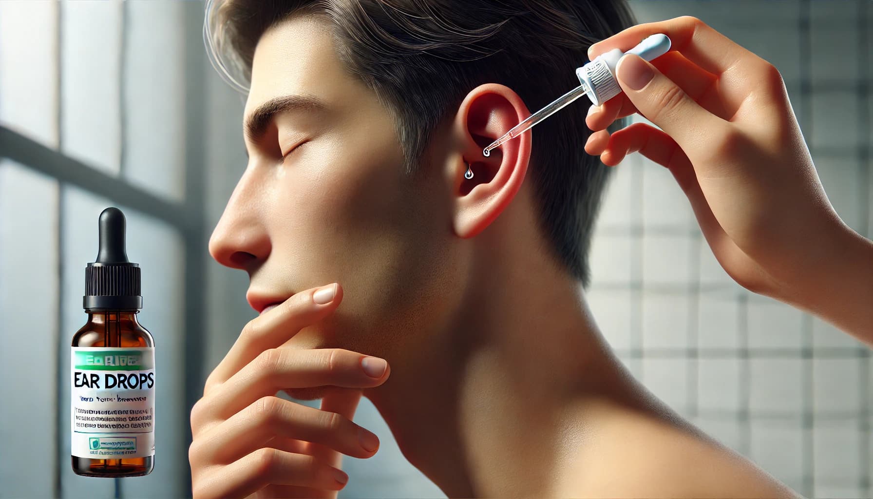 Ear drops being used to treat earwax buildup