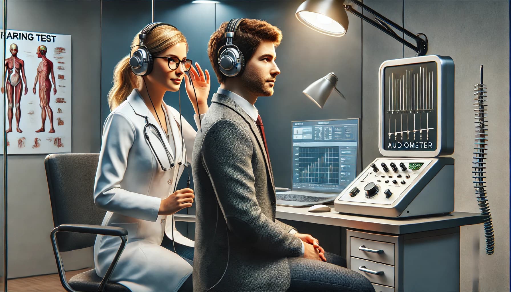 Patient undergoing a hearing test with an audiologist