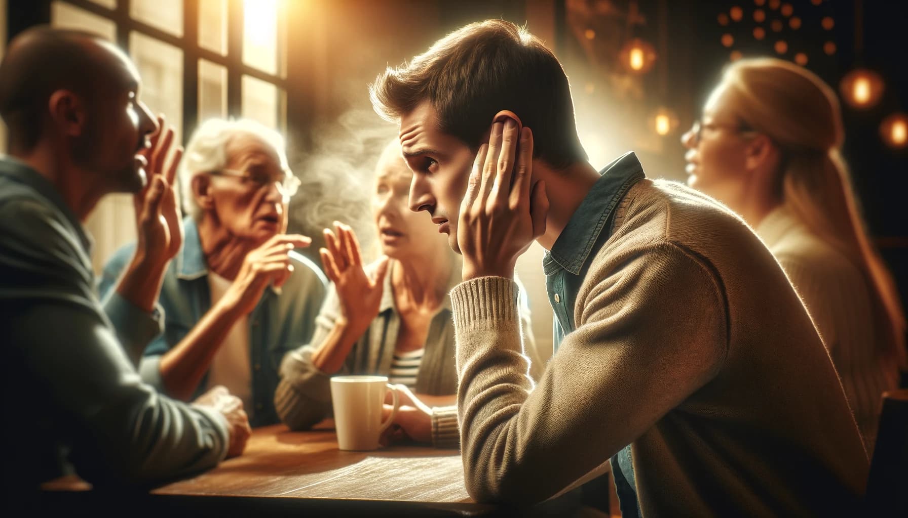 Person experiencing difficulty hearing in a conversation