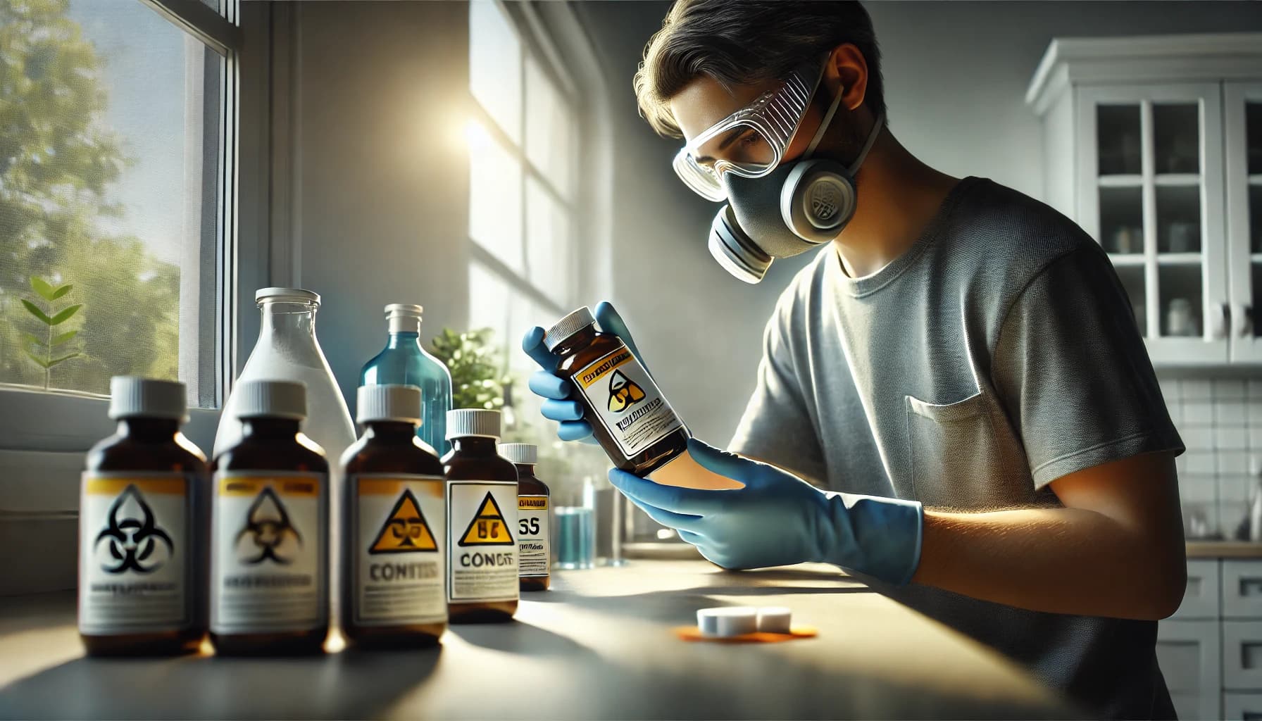 Person reading medication labels or using protective equipment when handling chemicals