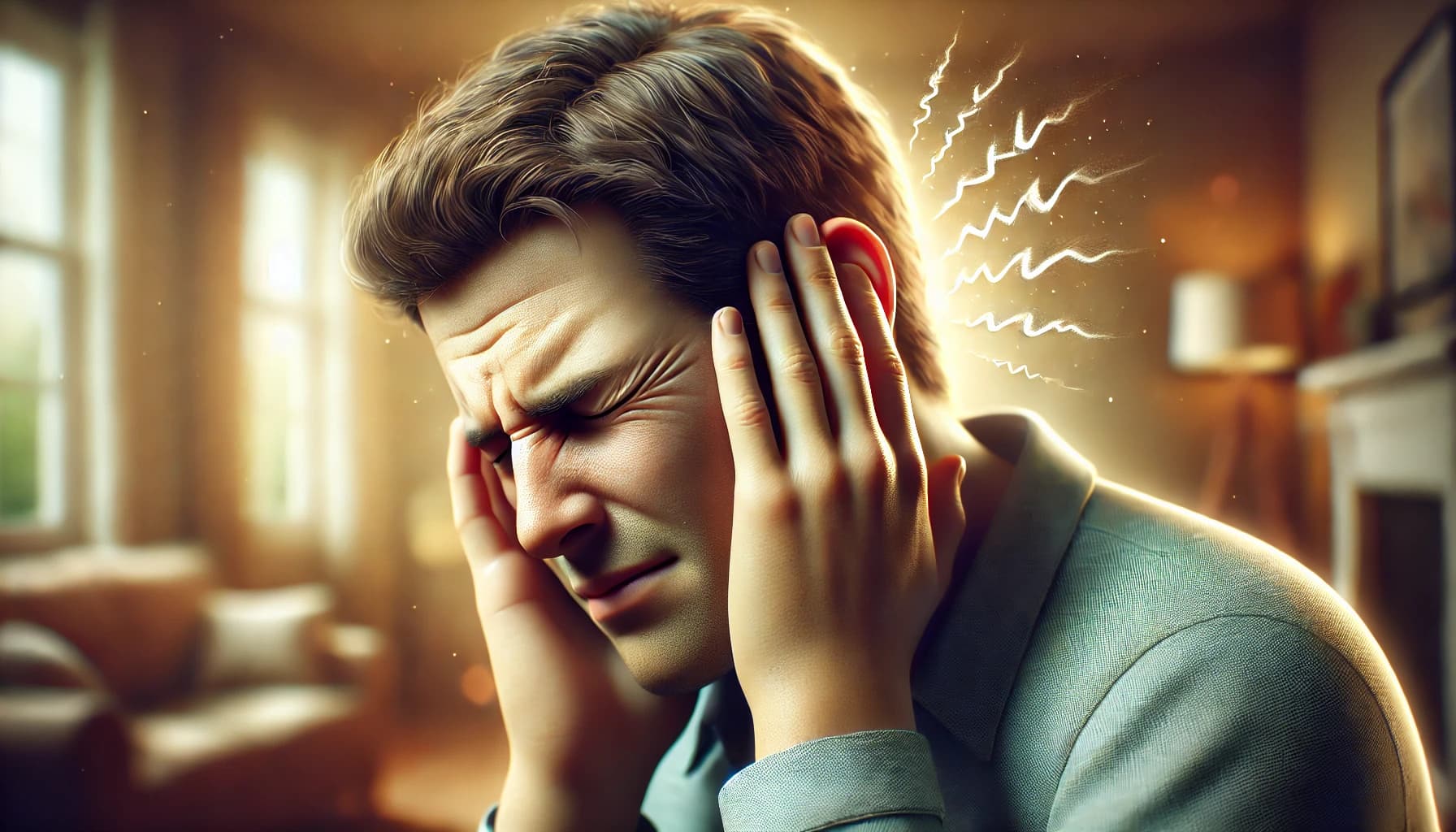 Person holding their ear, indicating the experience of tinnitus