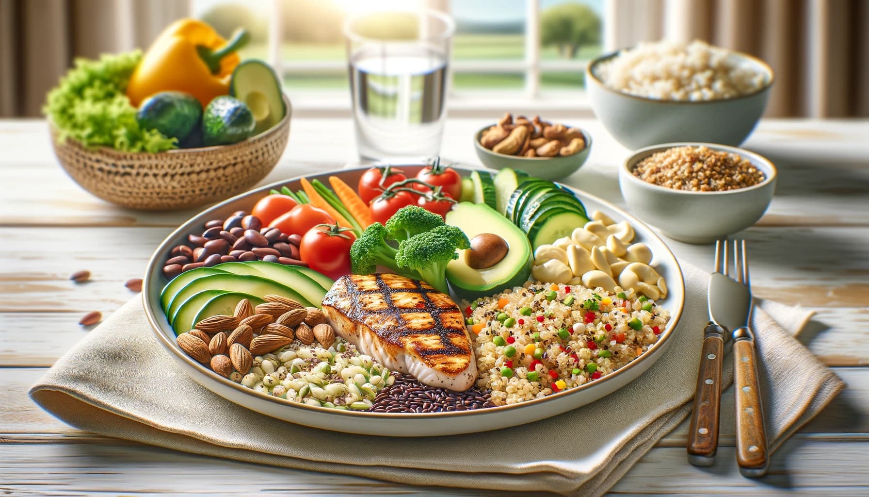 A balanced meal with carbohydrates, proteins, and healthy fats.