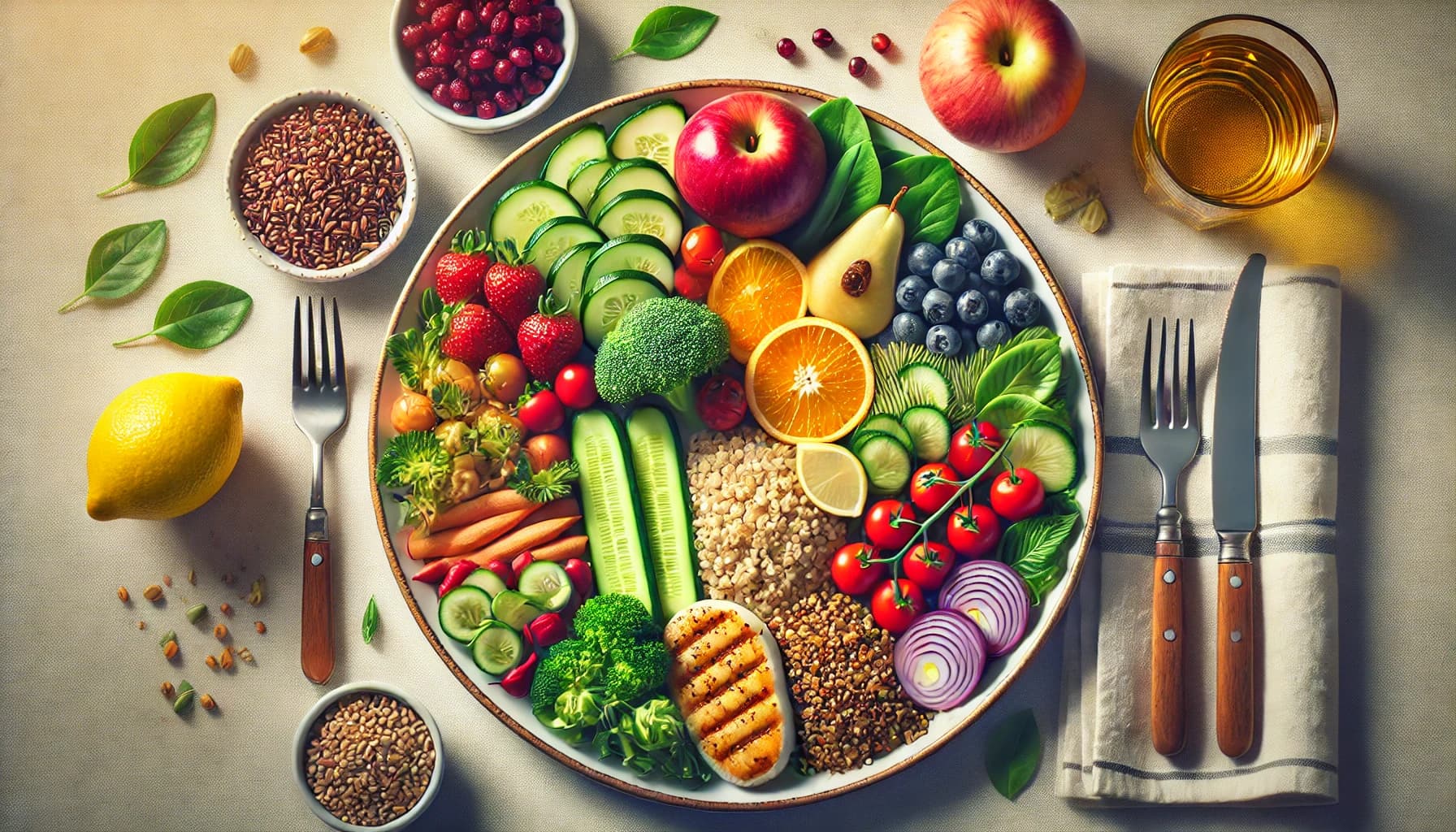 A balanced plate with fruits, vegetables, whole grains, and lean proteins.
