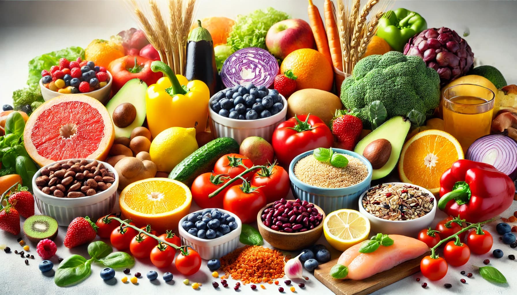 A variety of healthy foods including fruits, vegetables, whole grains, and lean proteins.