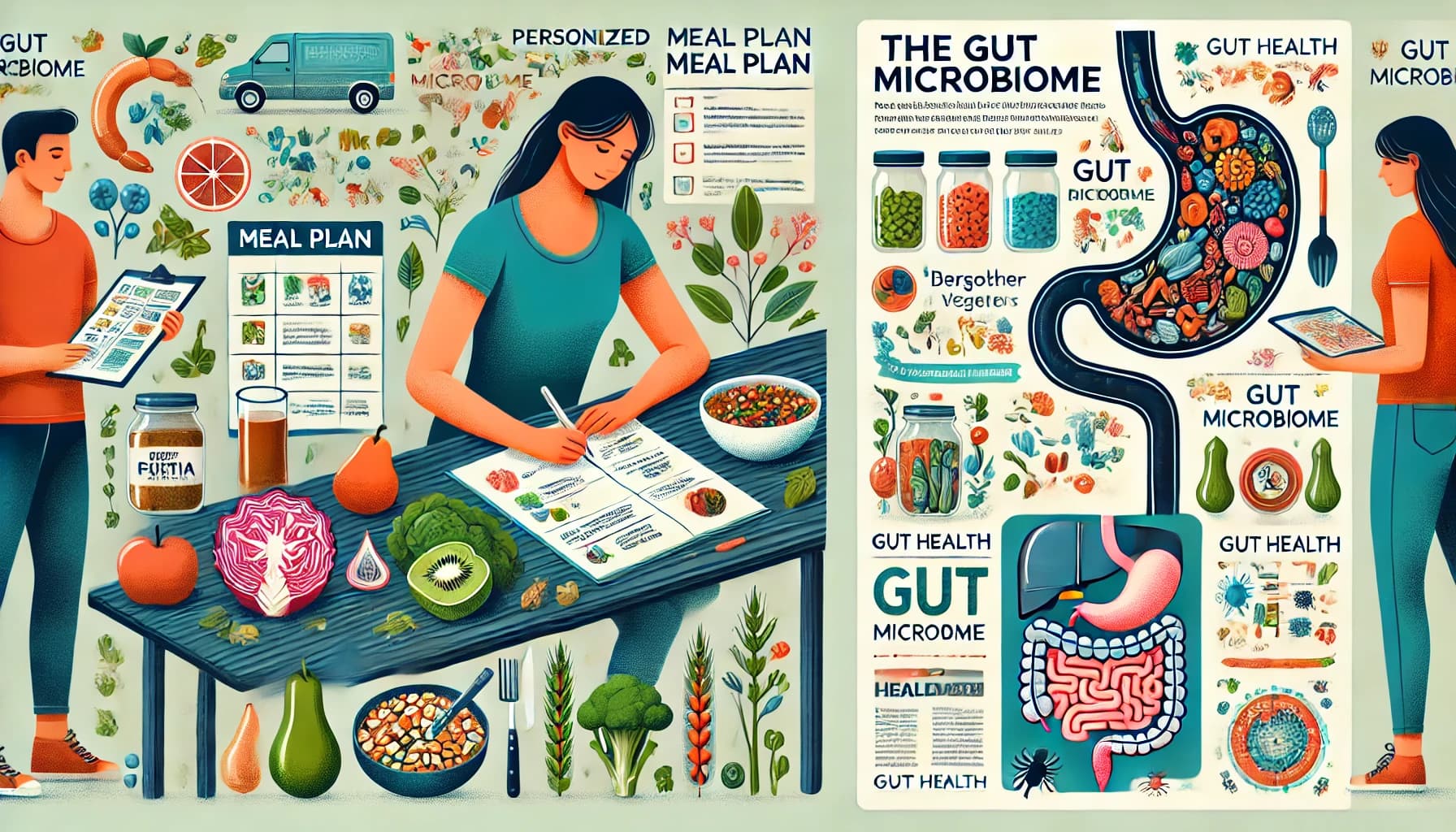A person preparing a personalized meal plan or an infographic on the gut microbiome.