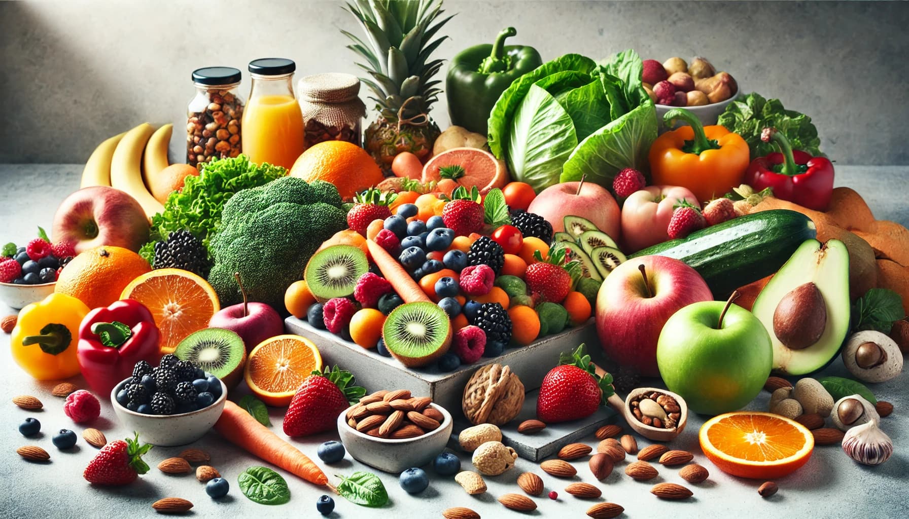 Fruits, vegetables, and nuts rich in vitamins and minerals.