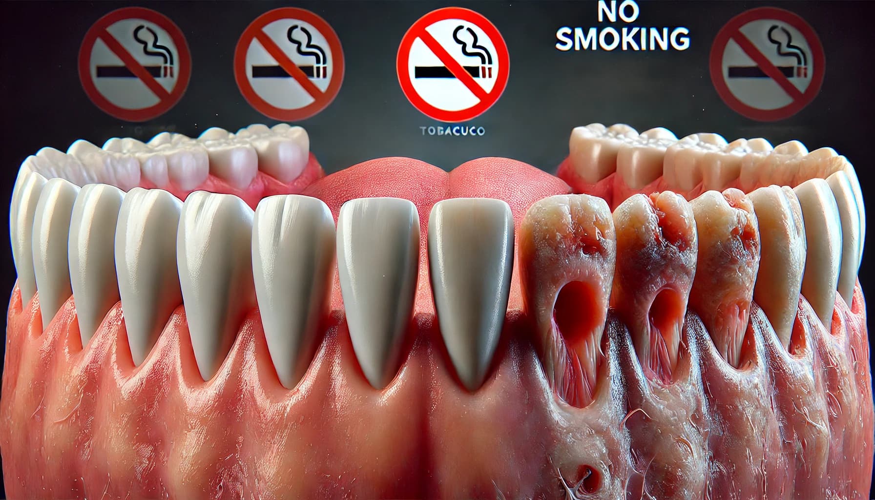 No smoking sign or comparison of healthy gums and those affected by tobacco use