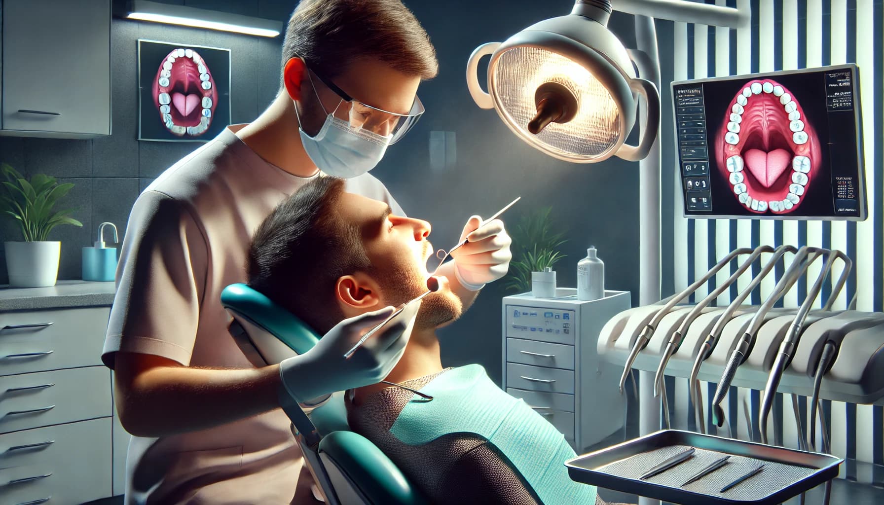 Dentist performing an oral cancer screening