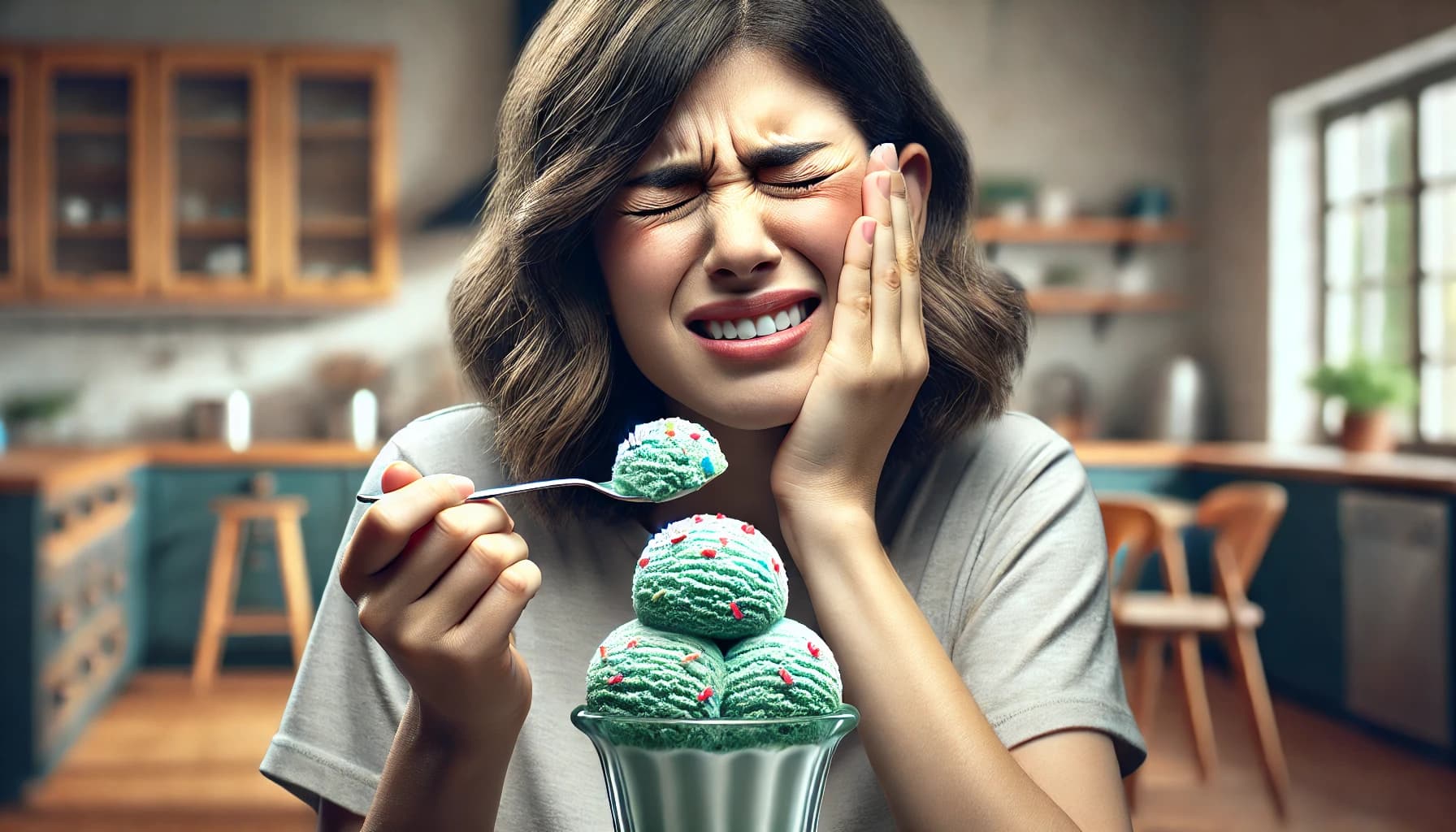 Person reacting to tooth sensitivity while eating ice cream