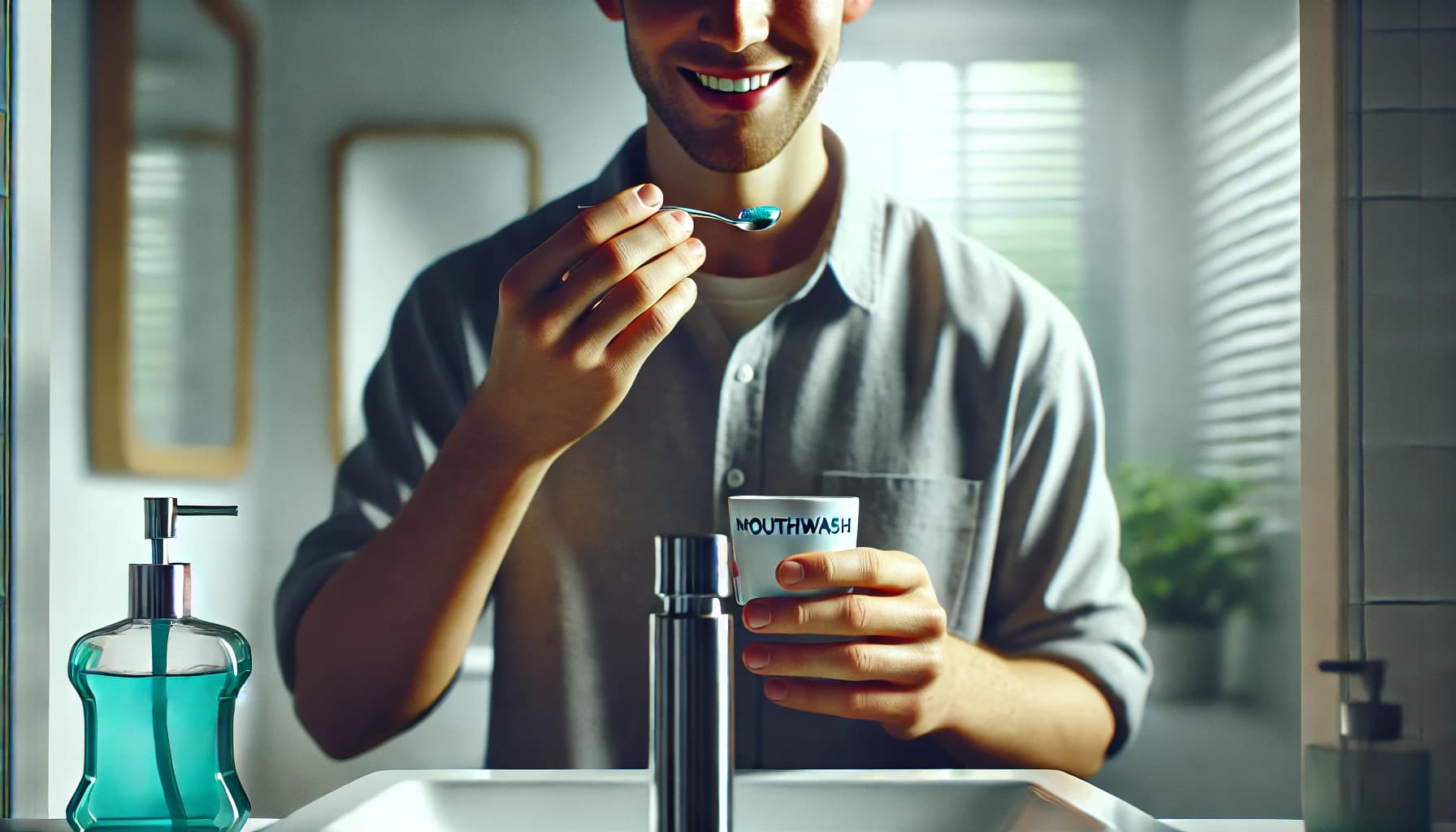 Person using mouthwash