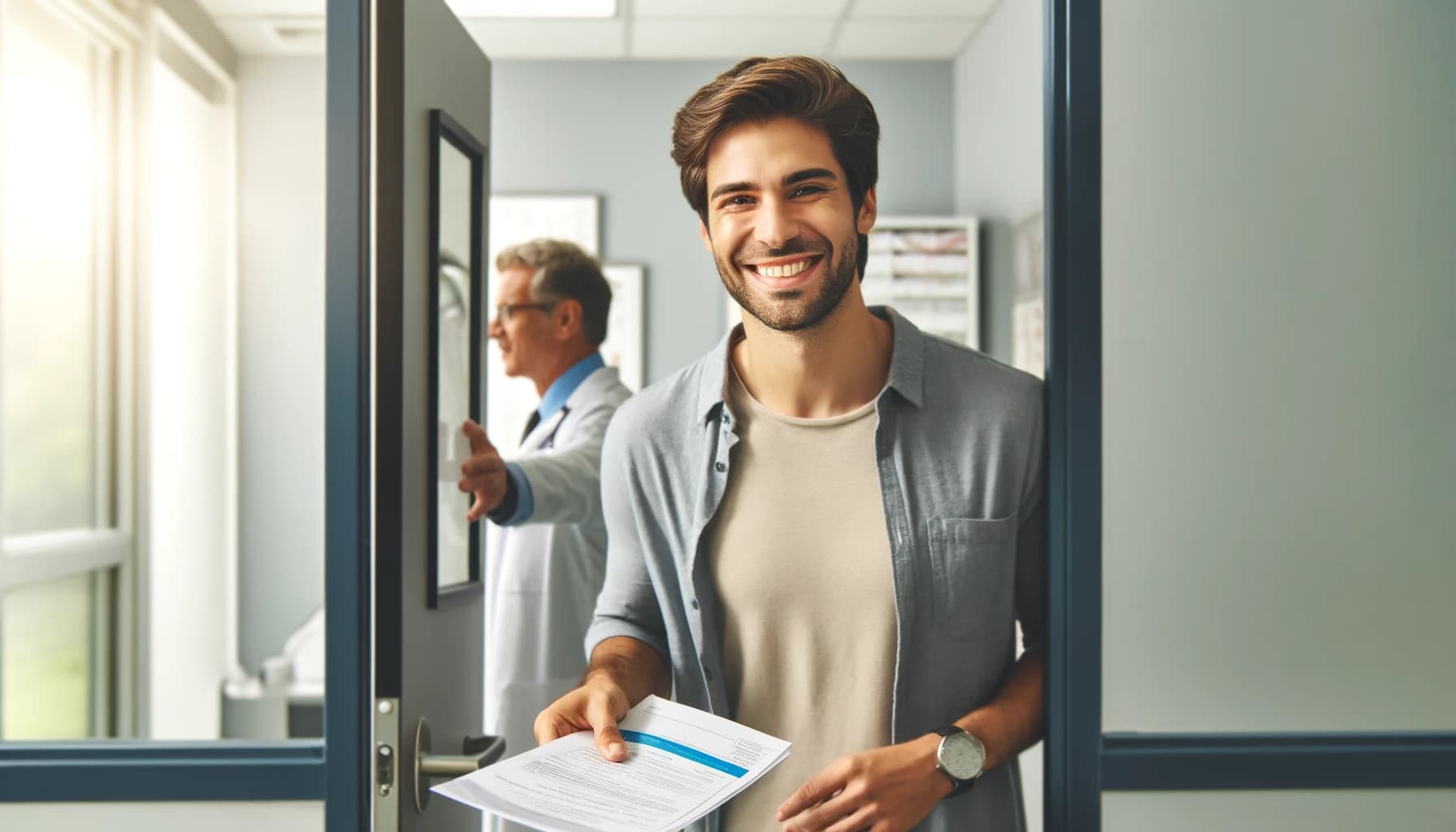 Smiling patient leaving a doctor’s office after a successful check-up
