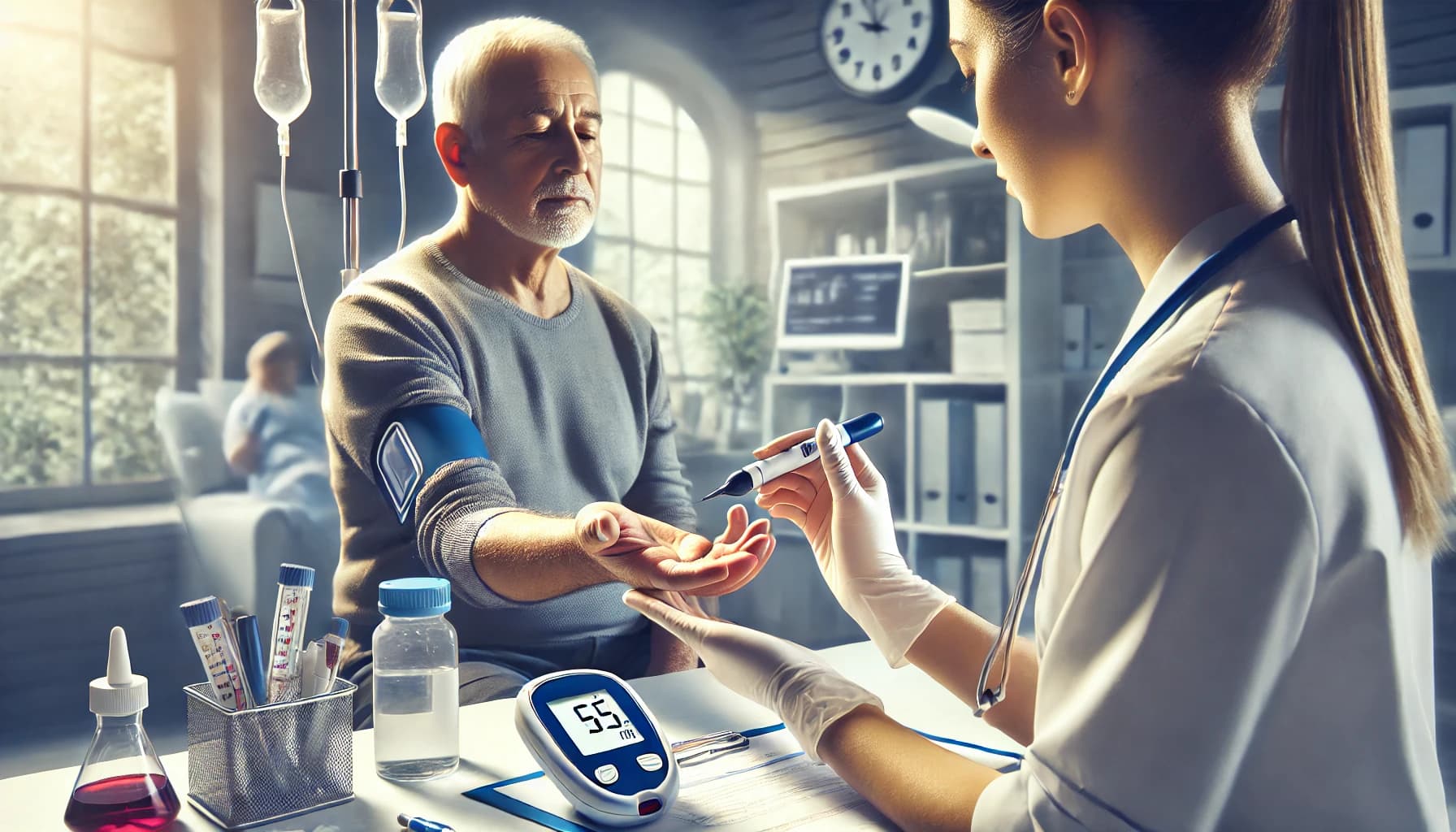 Patient with diabetes having their blood sugar levels checked