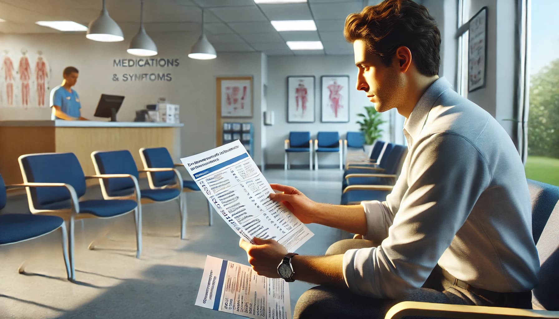 Patient reviewing their list of medications and symptoms before a check-up