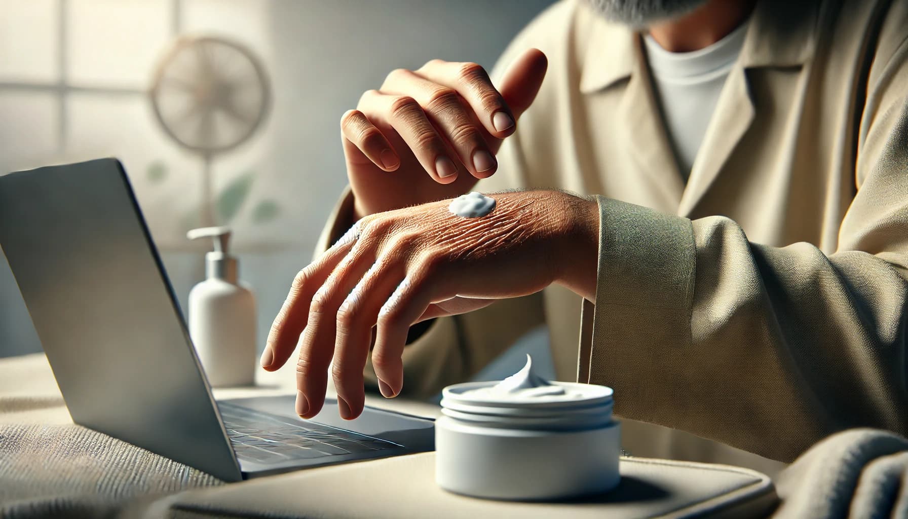 Person applying moisturizer to manage eczema