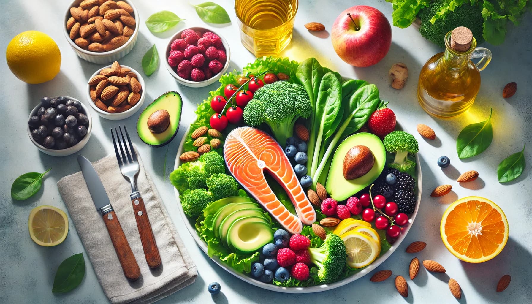 Balanced meal featuring foods beneficial for skin health