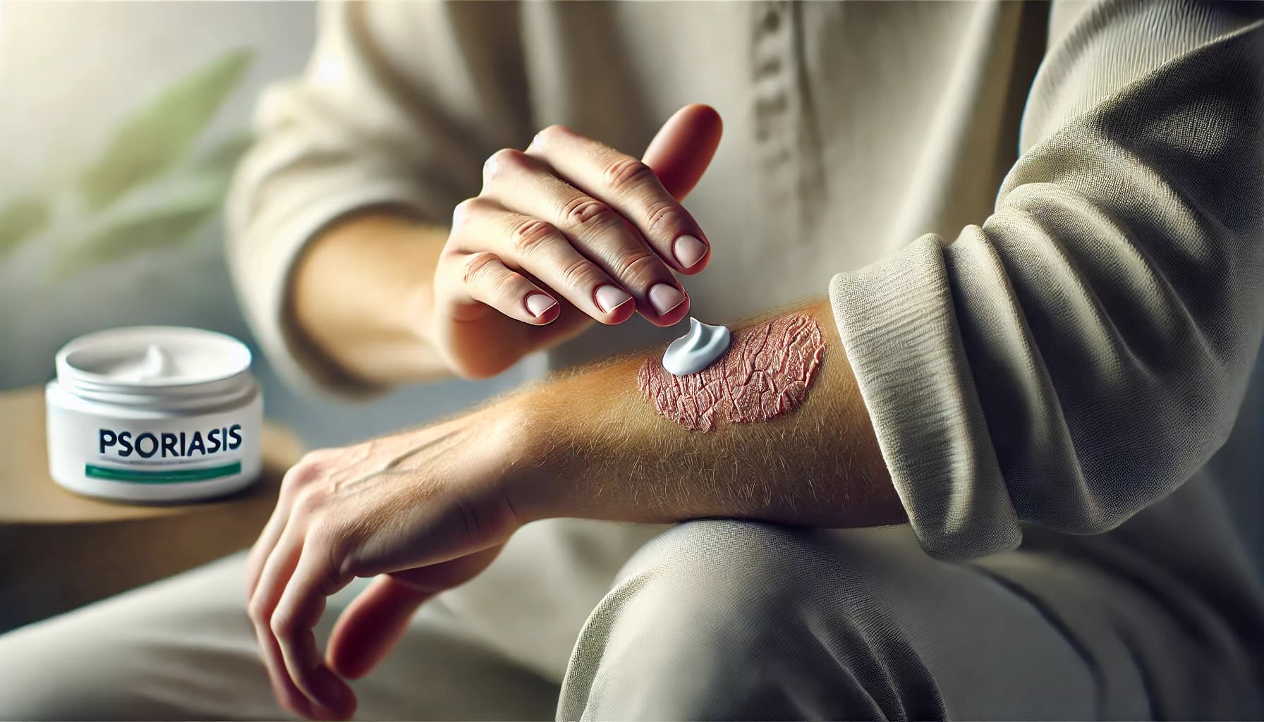 Person applying a topical treatment to manage psoriasis