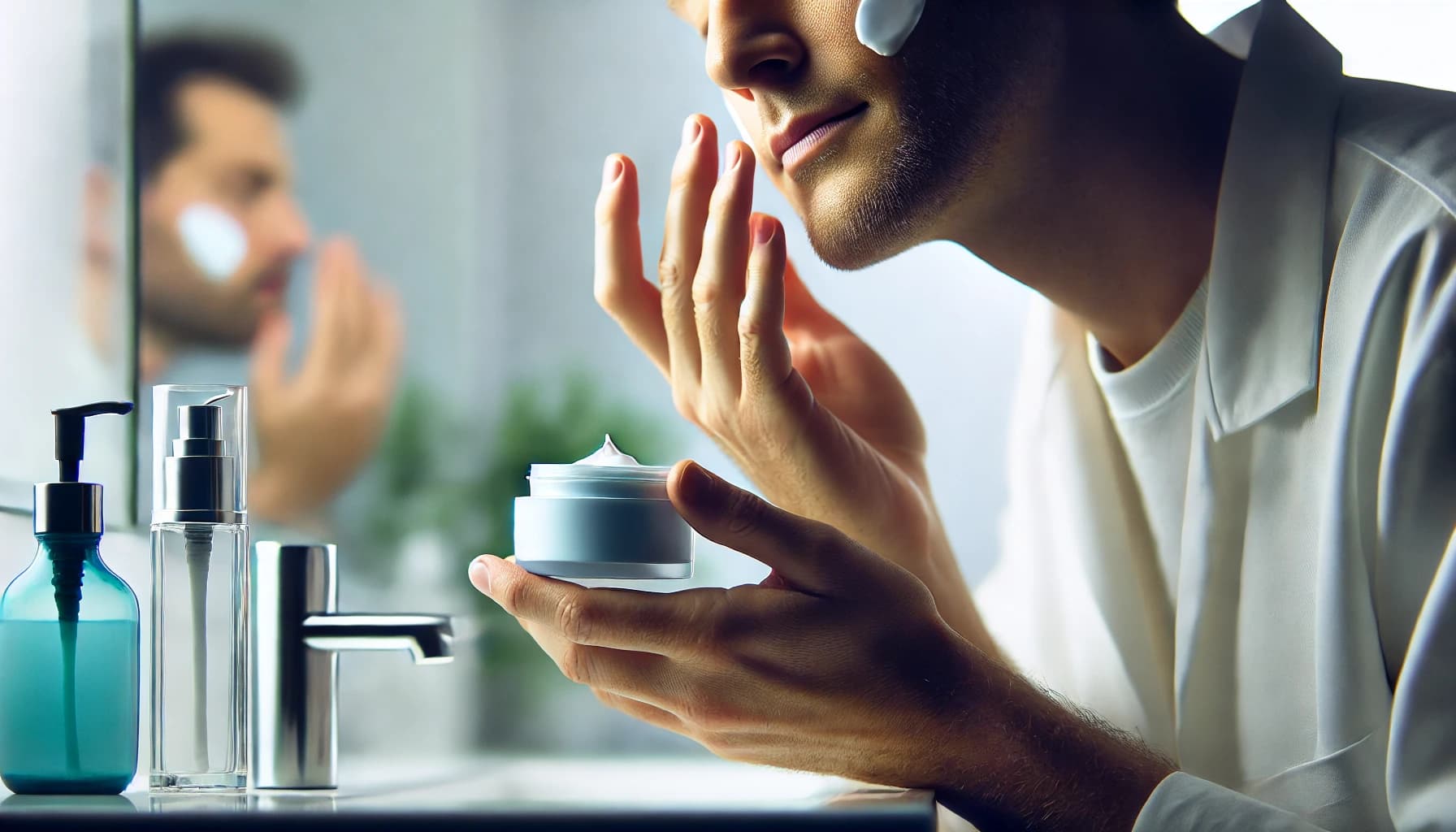 Person applying sunscreen or moisturizer as part of their skincare routine