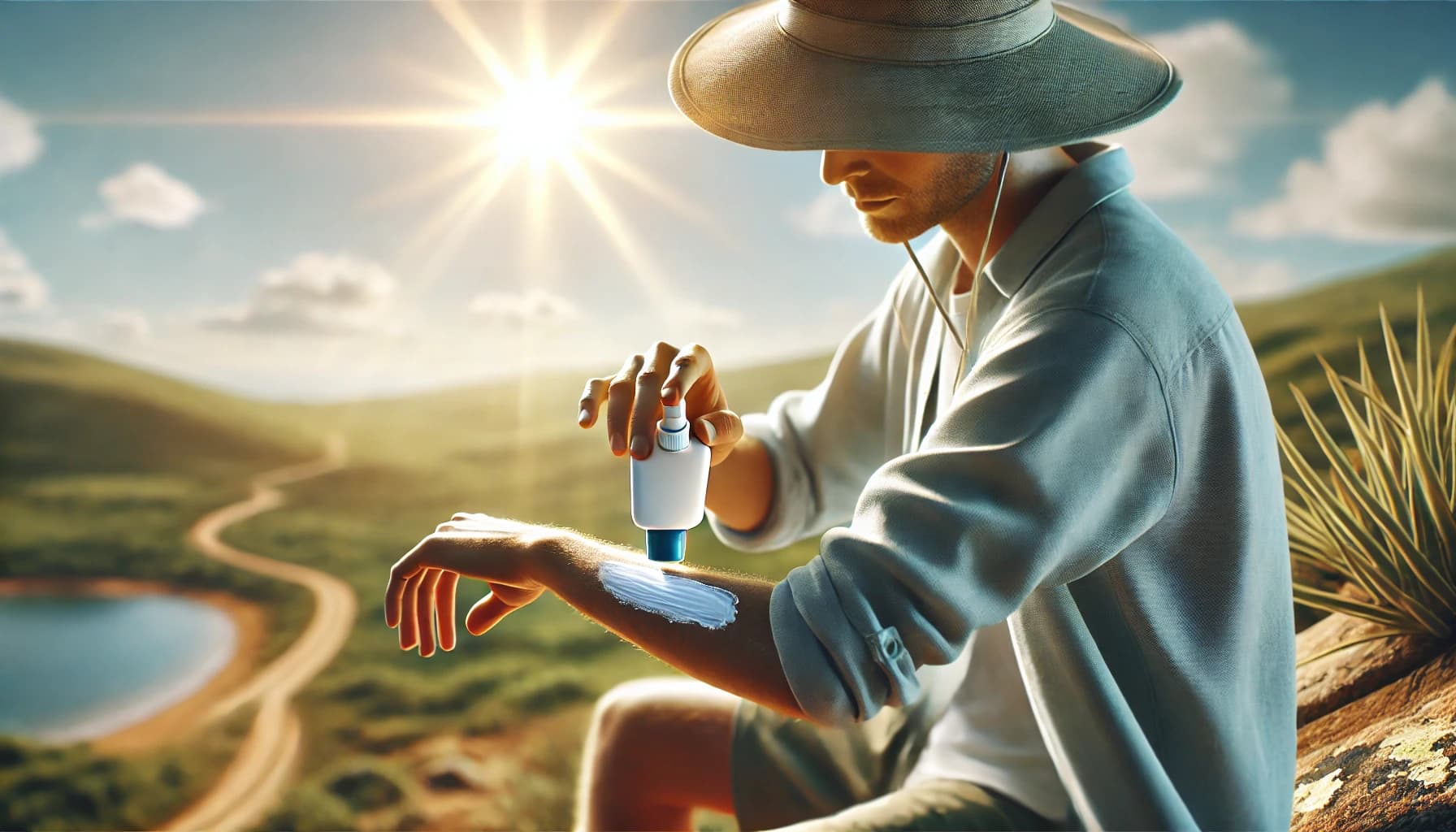 Person applying sunscreen or wearing sun-protective clothing outdoors