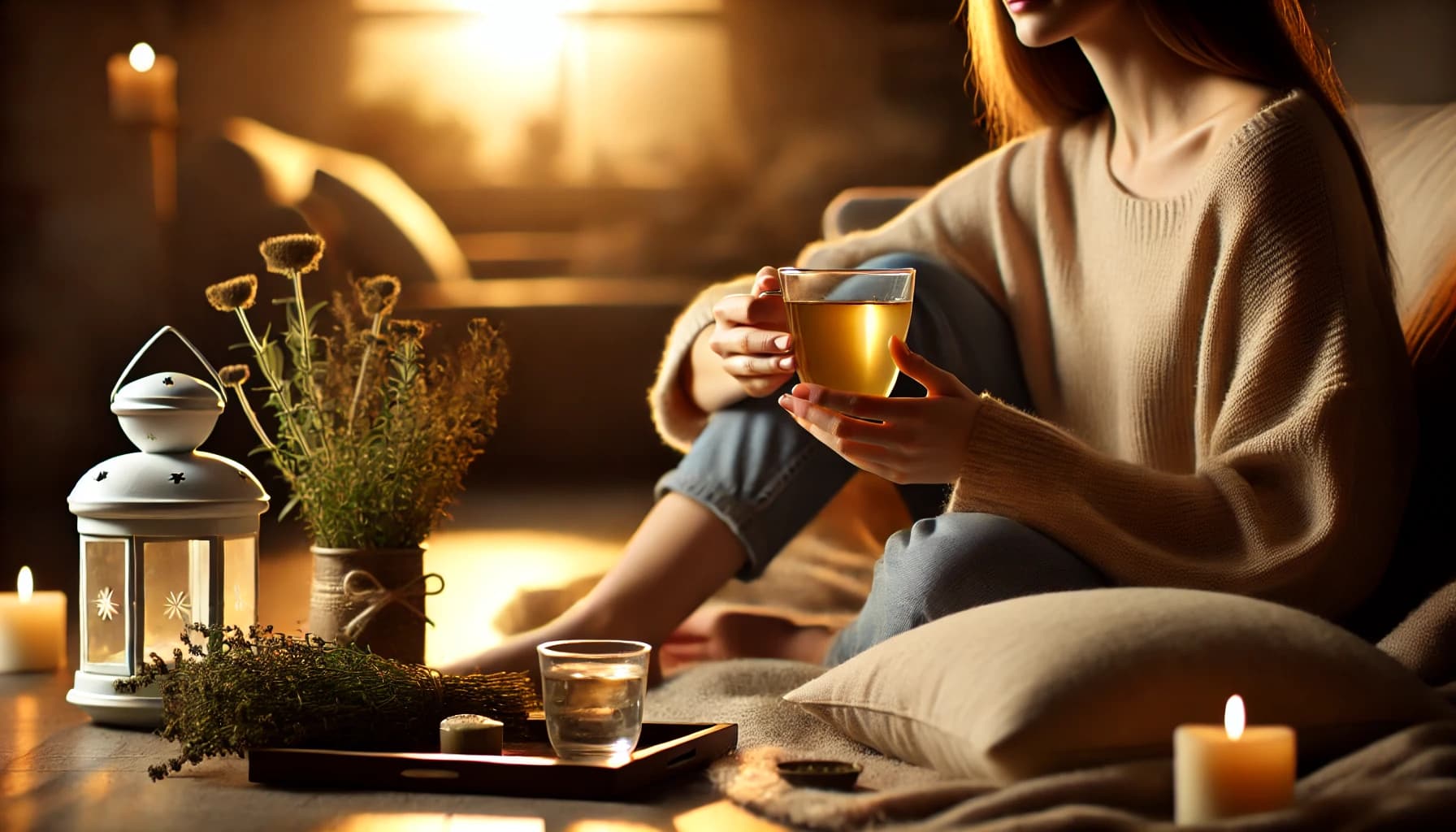 Person drinking herbal tea or water in the evening