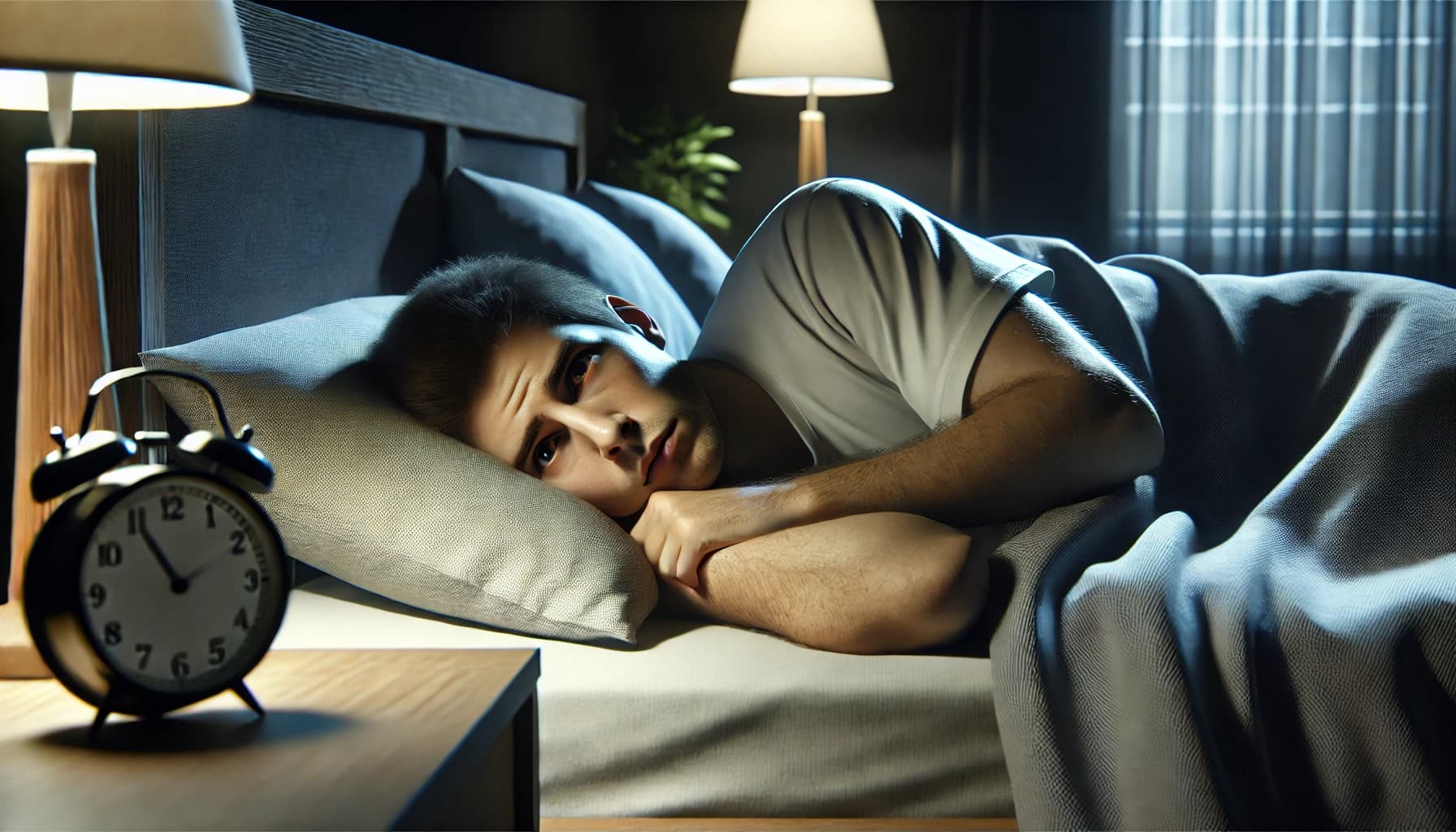 Person lying awake in bed, struggling to fall asleep