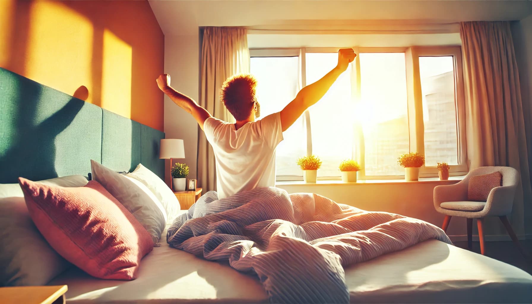 Person waking up refreshed and ready to start the day