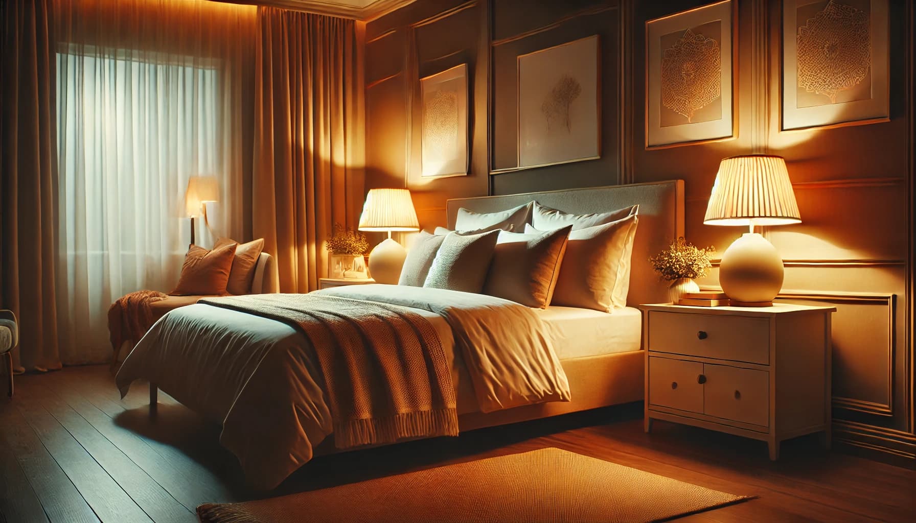 Cozy, well-arranged bedroom with dim lighting