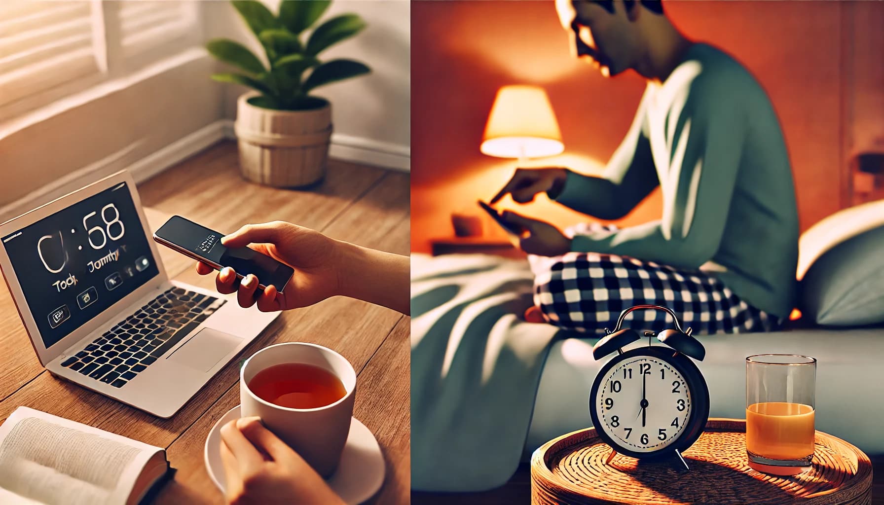 Person setting an alarm or engaging in a relaxing bedtime routine