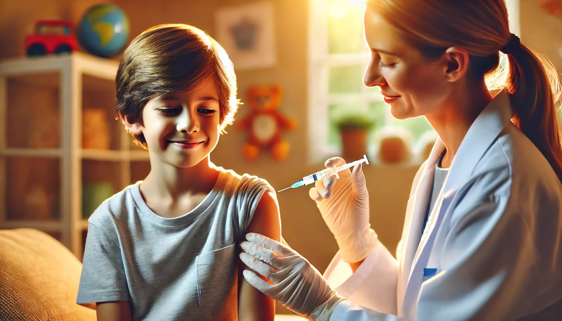 Child receiving a vaccine in a calm, reassuring environment