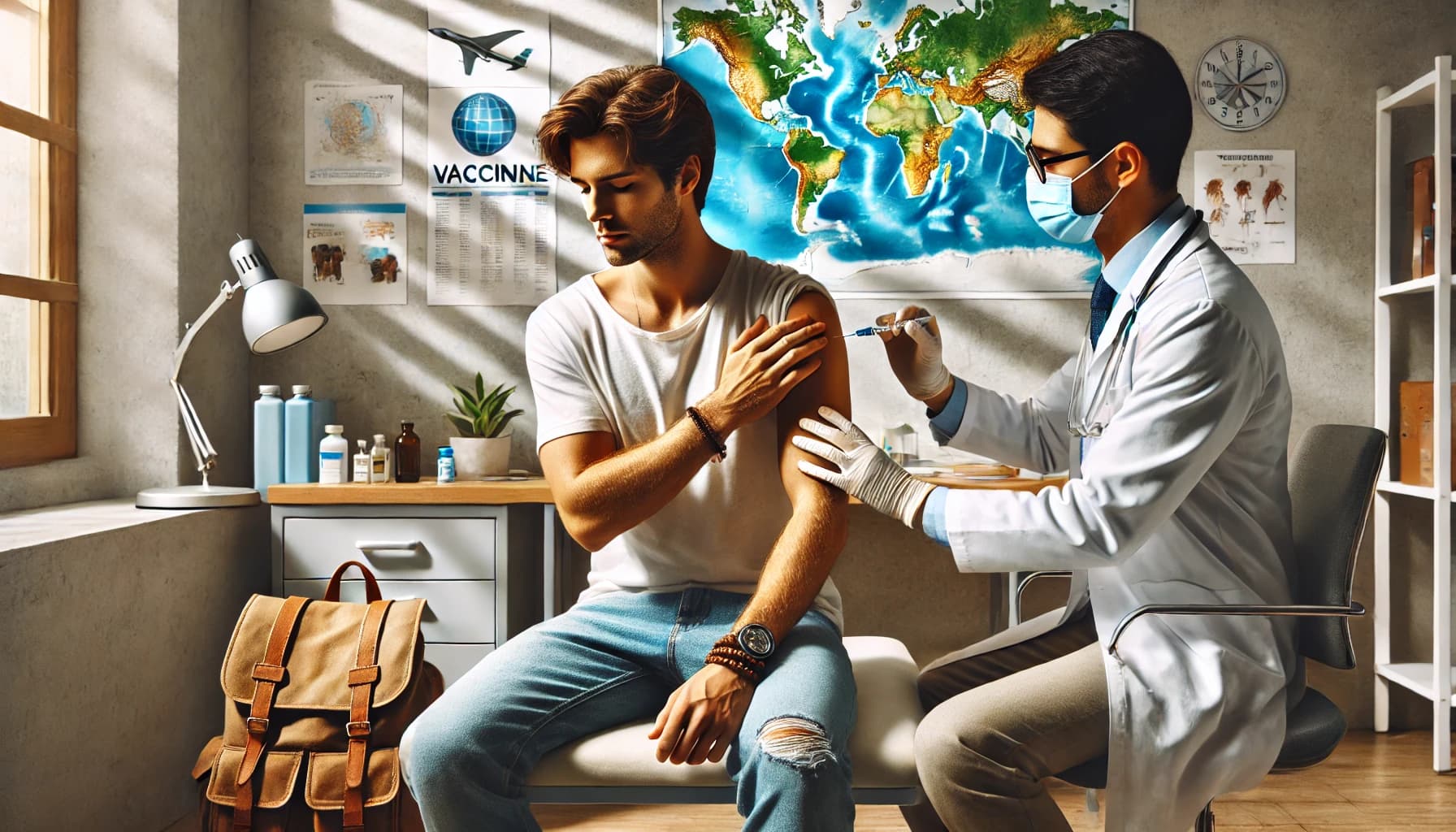 Traveler receiving a vaccination at a clinic