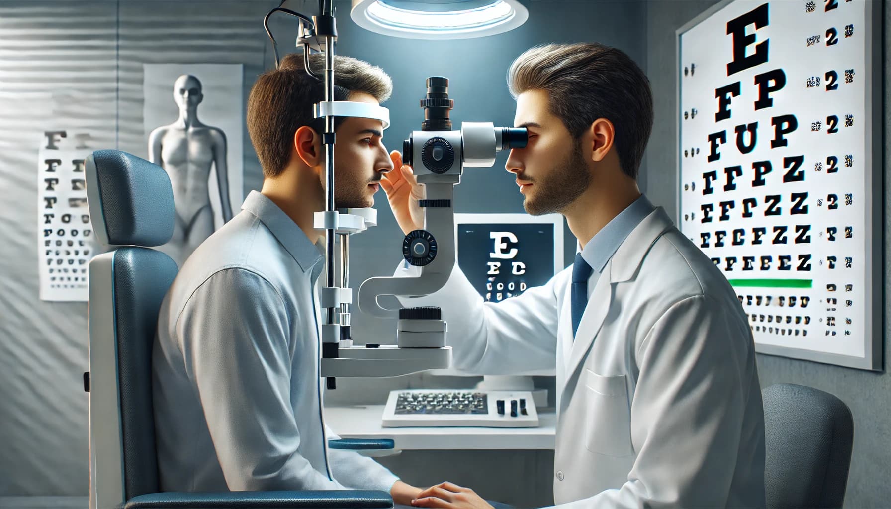 Optometrist performing an eye exam on a patient