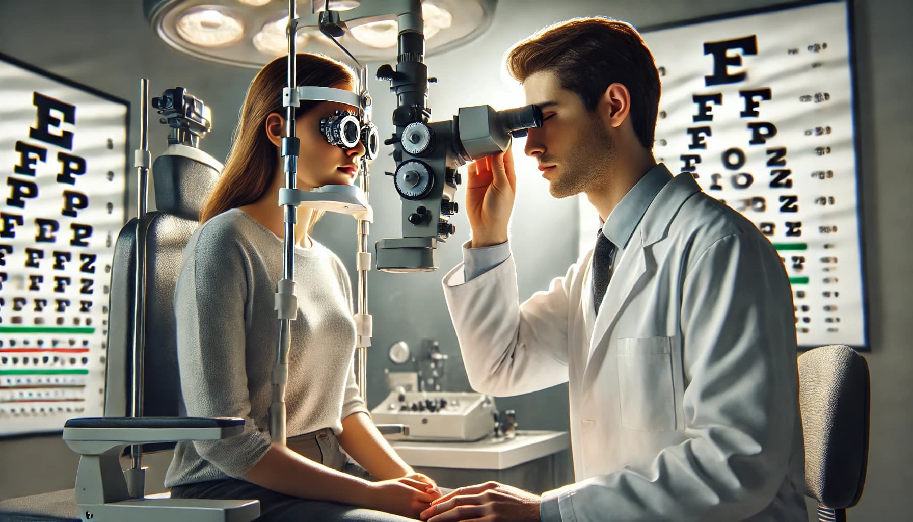Optometrist performing an eye examination on a patient